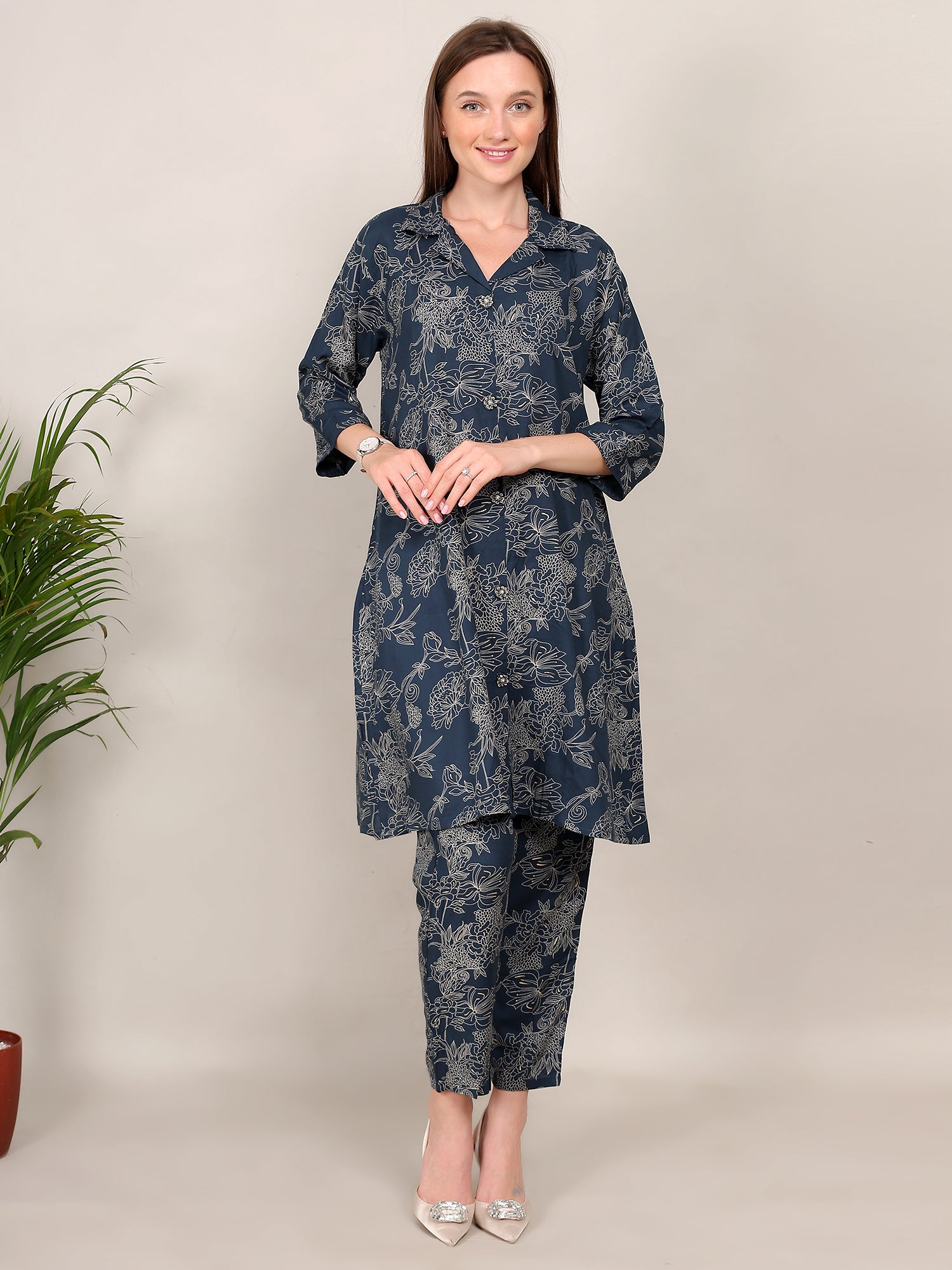 Blue Casual Co-Ord Set In Floral Print
