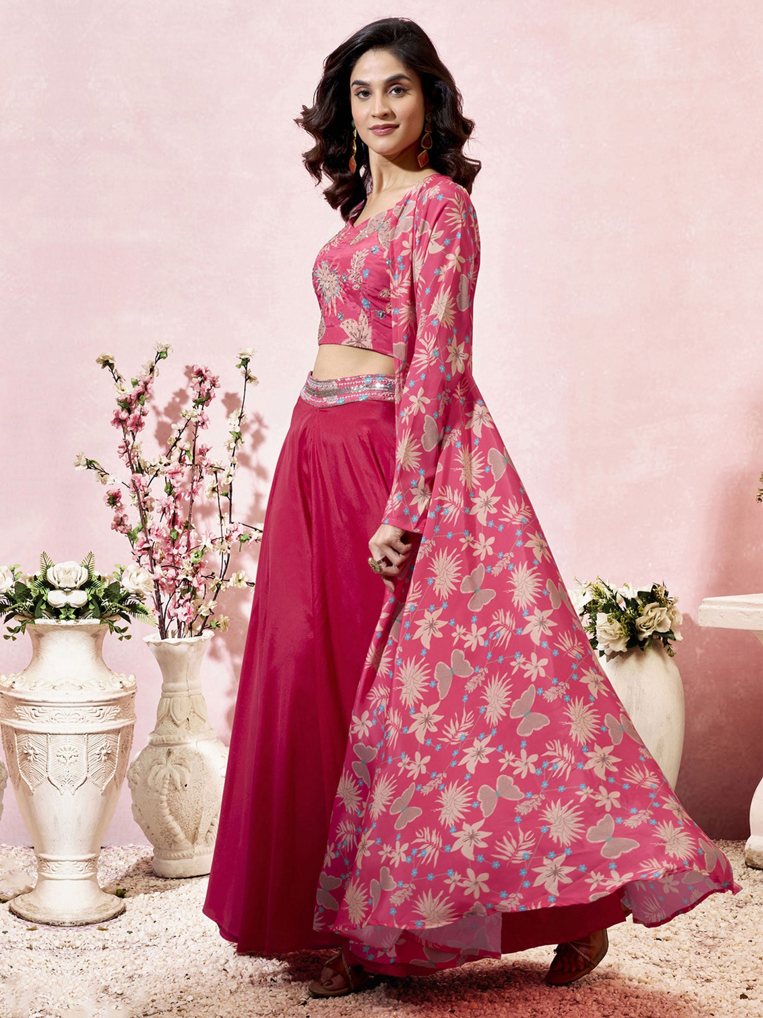 Pink Party Wear Dress With Shrug In Print