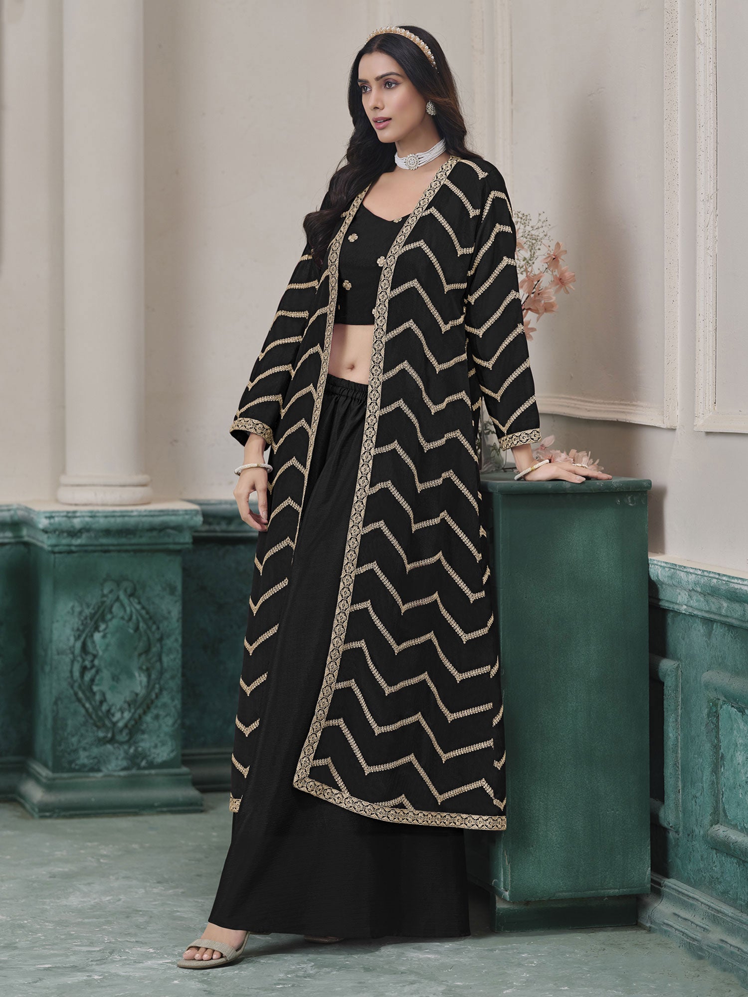 Black Party Dress With Embroidered Shrug