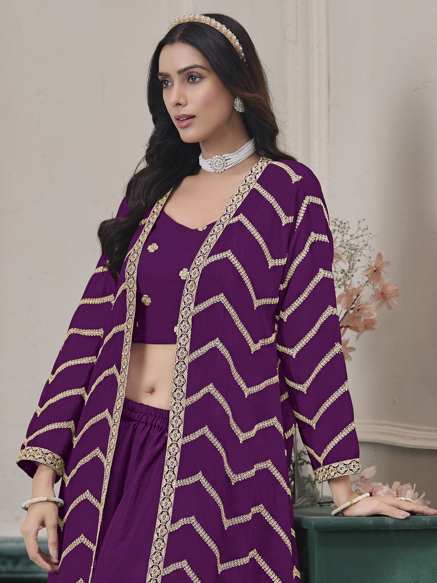 Dark Purple Top With Embroidered Shrug & Palazzo