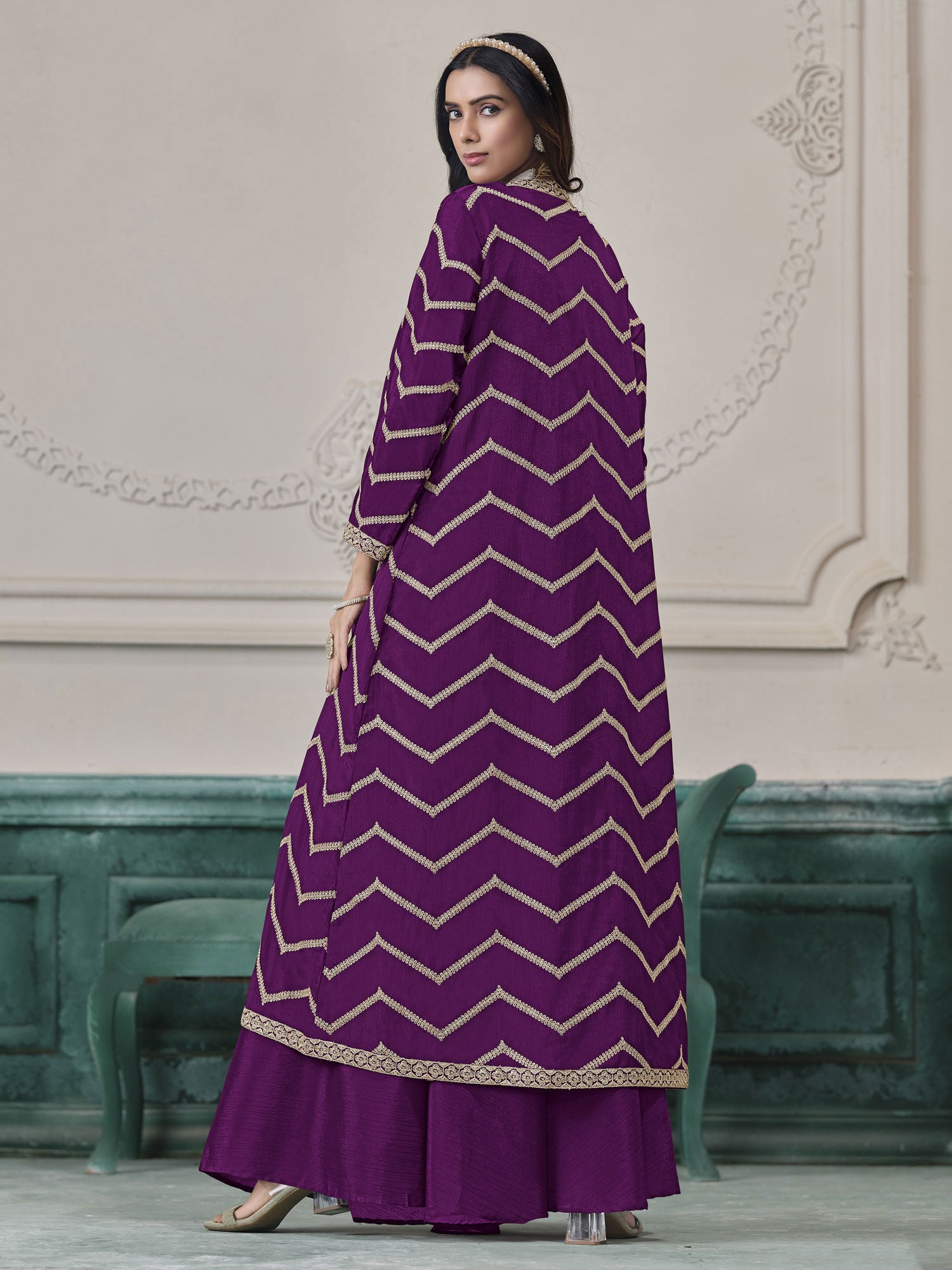 Dark Purple Top With Embroidered Shrug & Palazzo