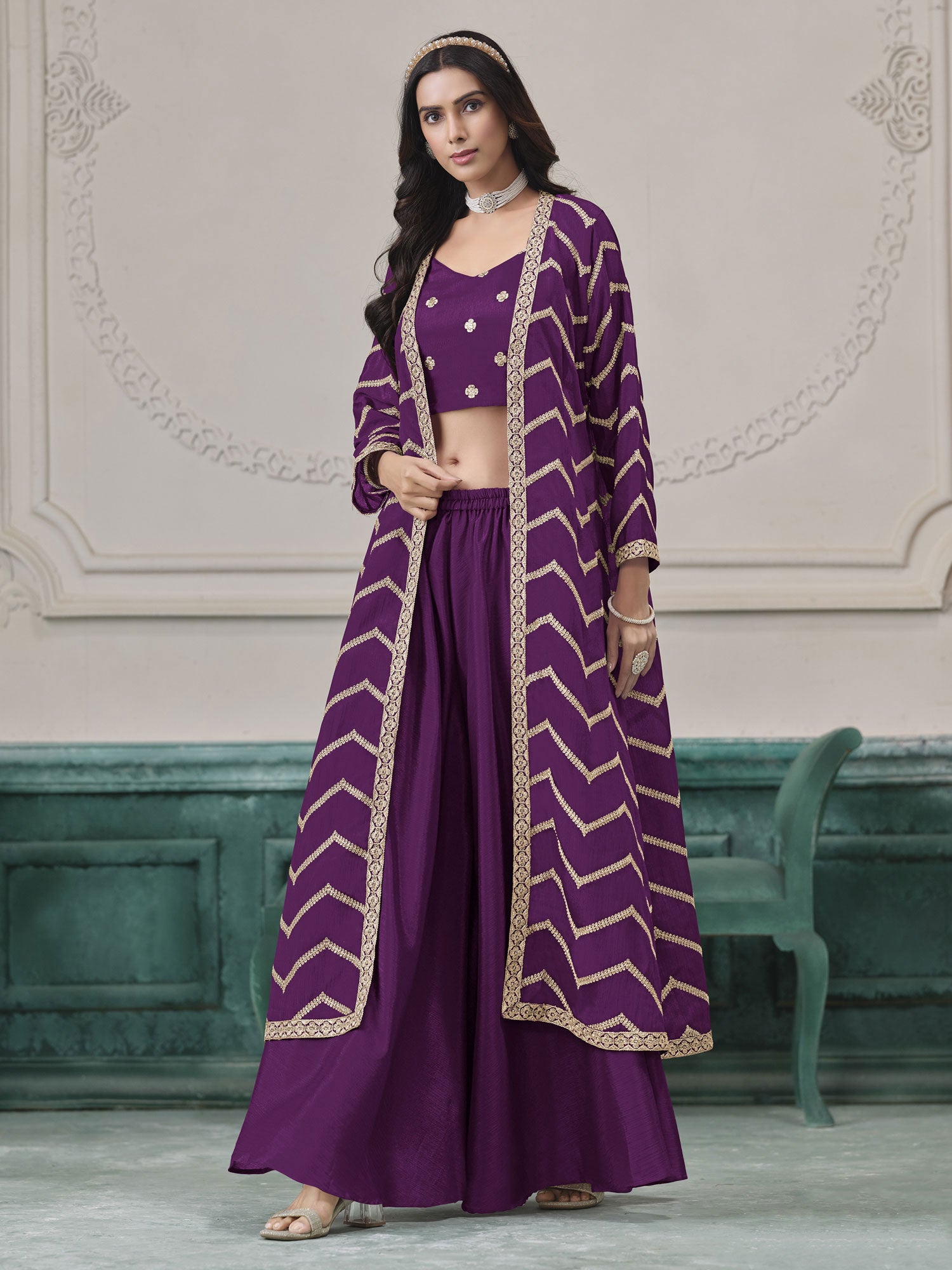 Dark Purple Top With Embroidered Shrug & Palazzo