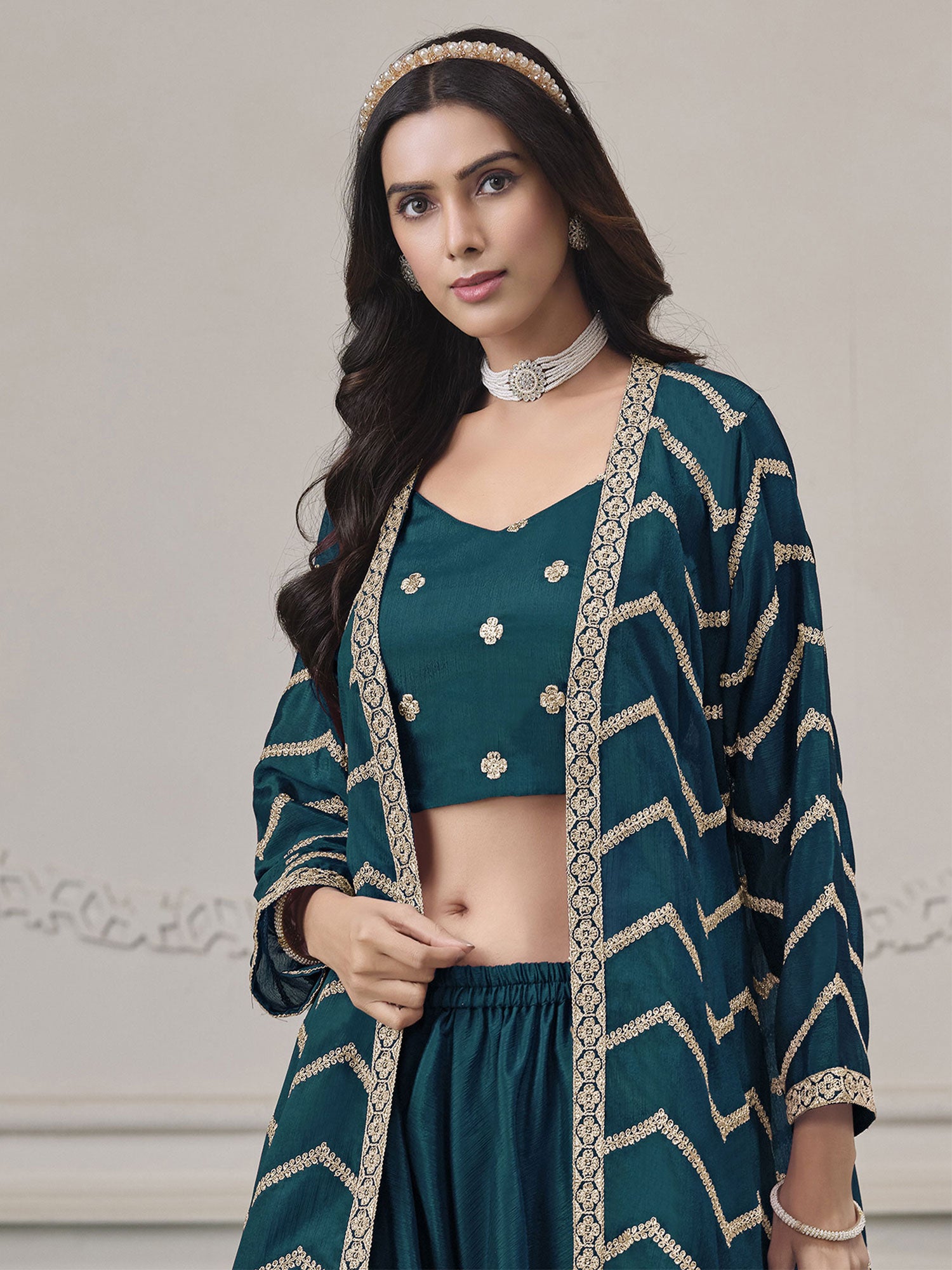 Teal Blue Women's Dress With Shrug In Silk