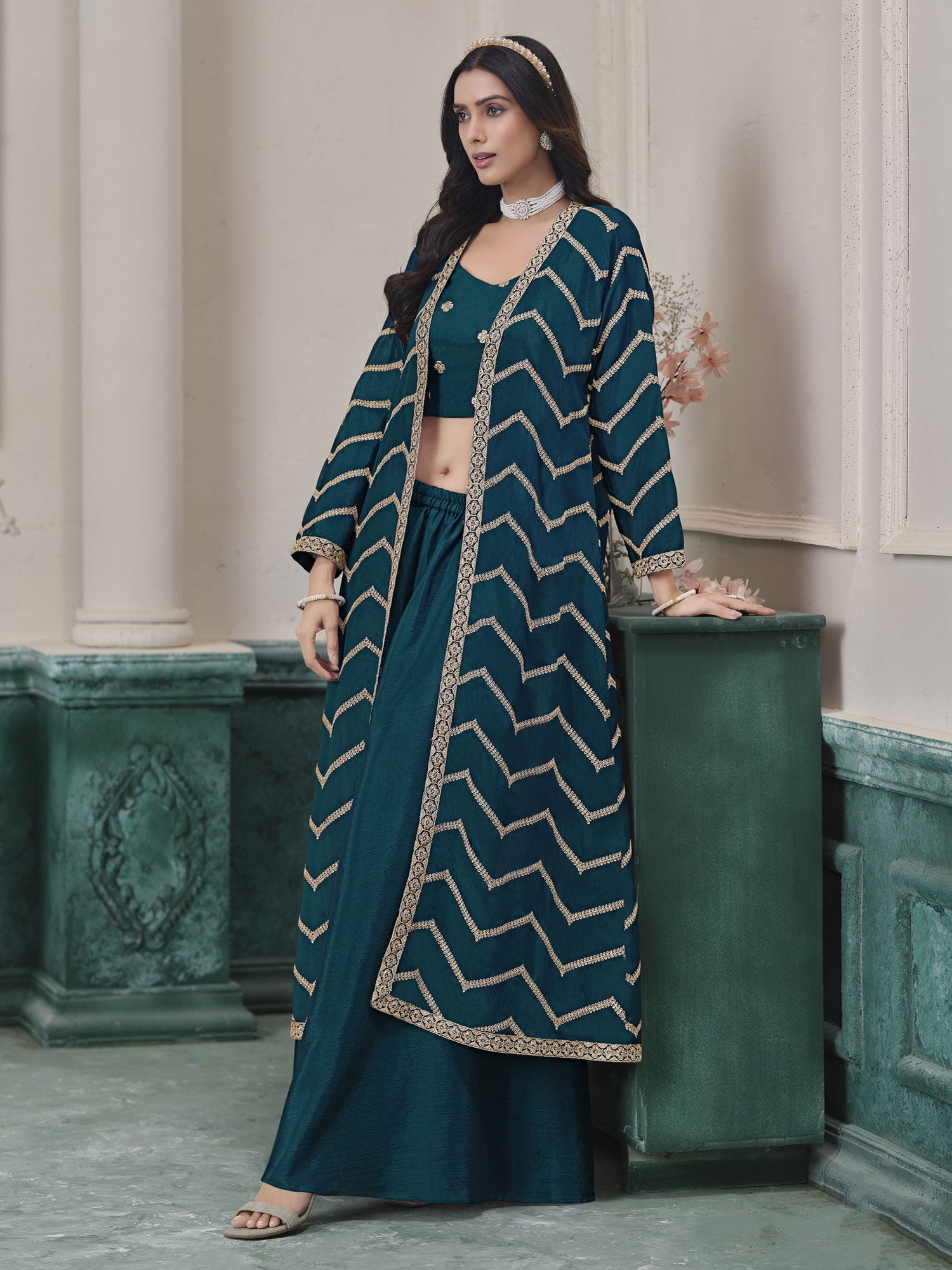 Teal Blue Women's Dress With Shrug In Silk