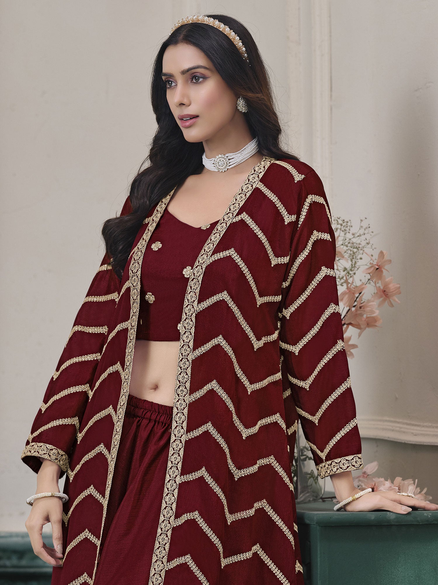 Maroon Embroidered Party Dress For Women