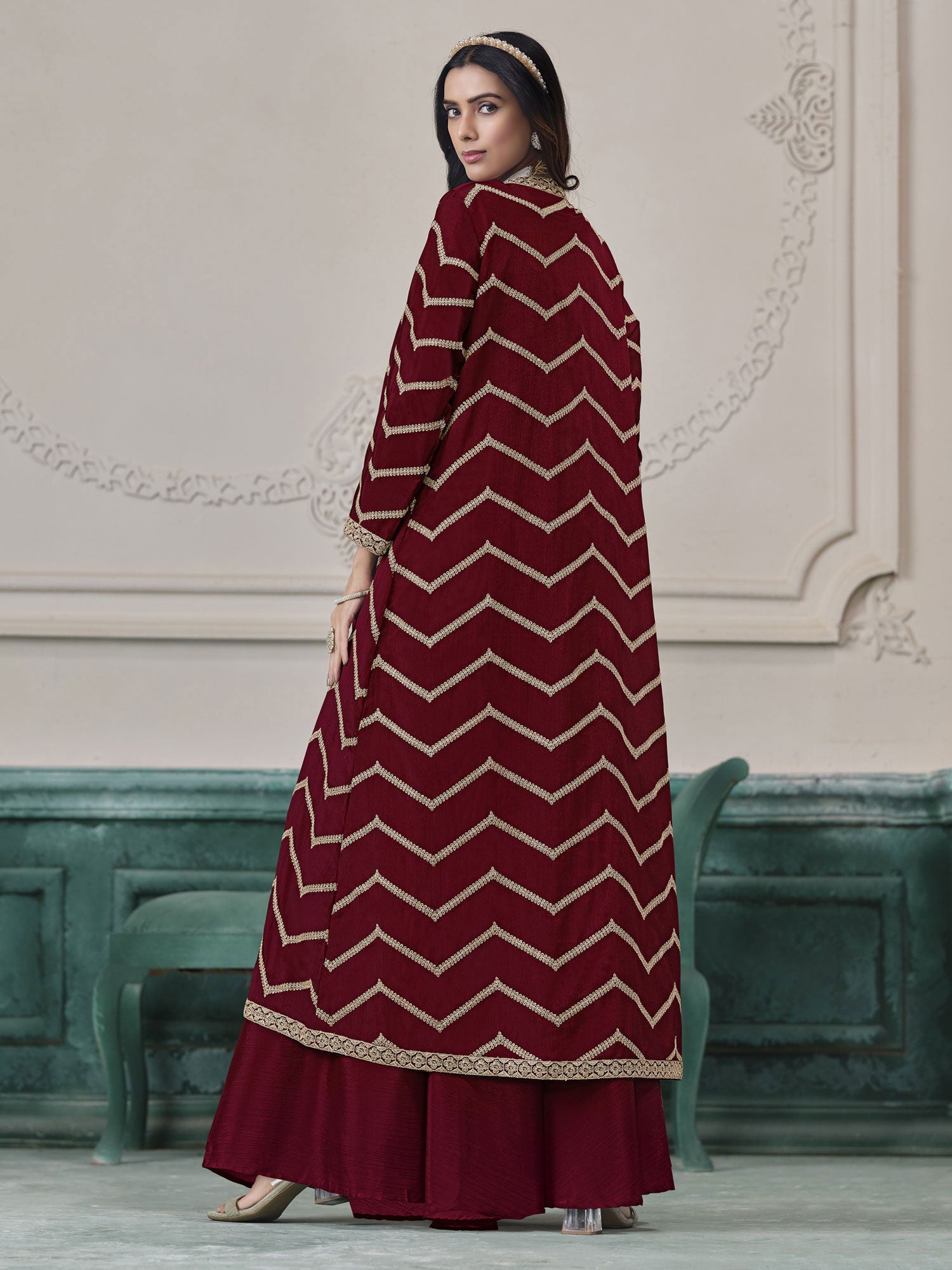 Maroon Embroidered Party Dress For Women