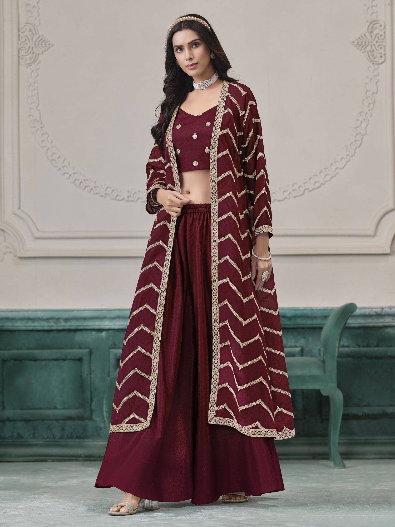 Maroon Embroidered Party Dress For Women