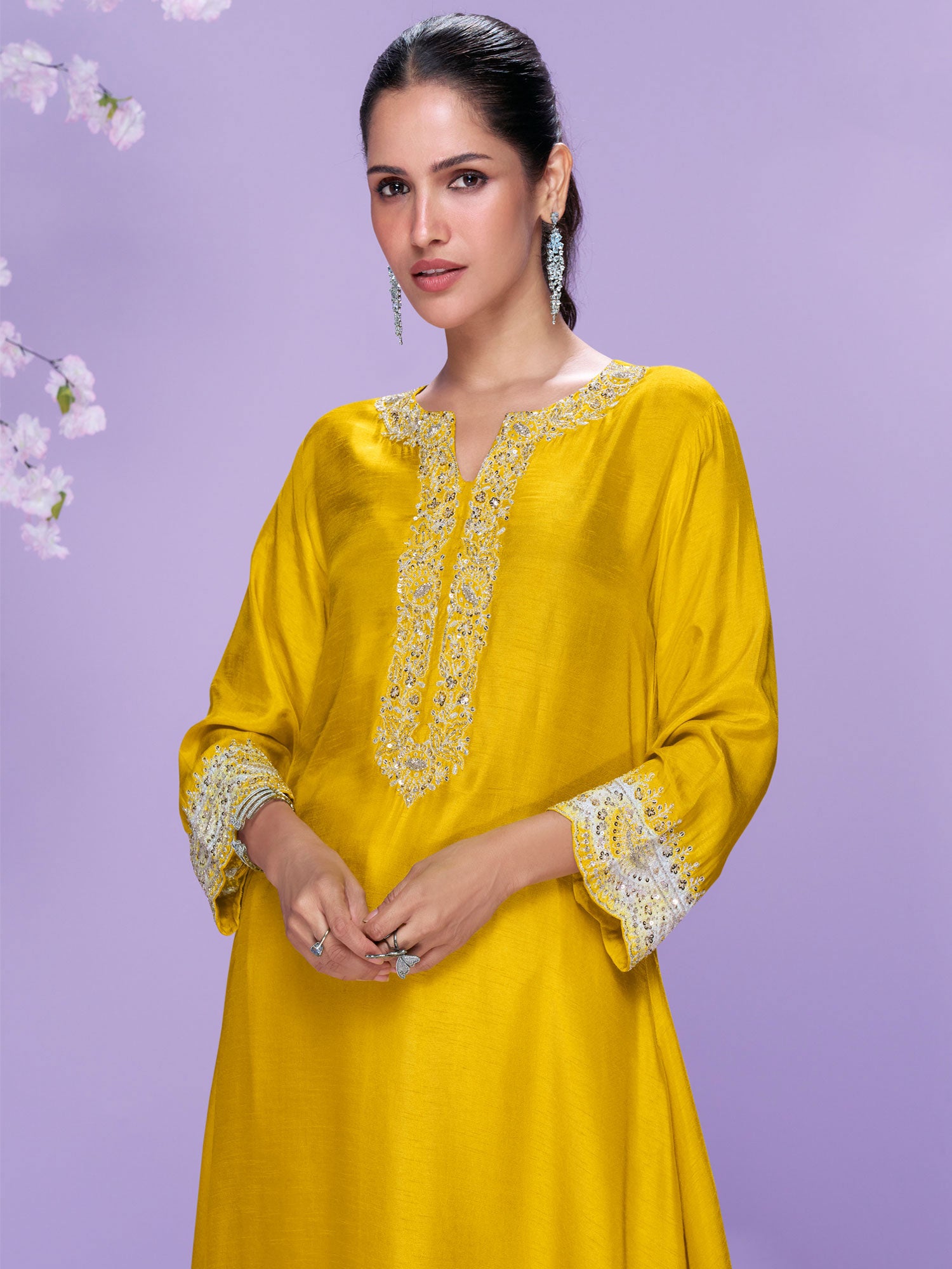 Yellow Hand Work Enhanced Kurti For Women