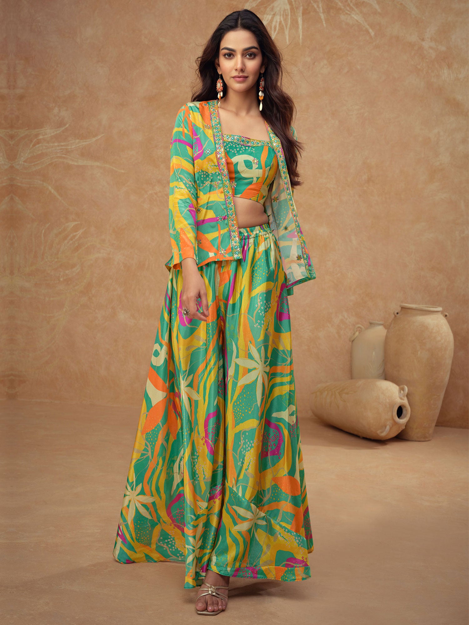 Turquoise Printed Dress For Womens With Jacket