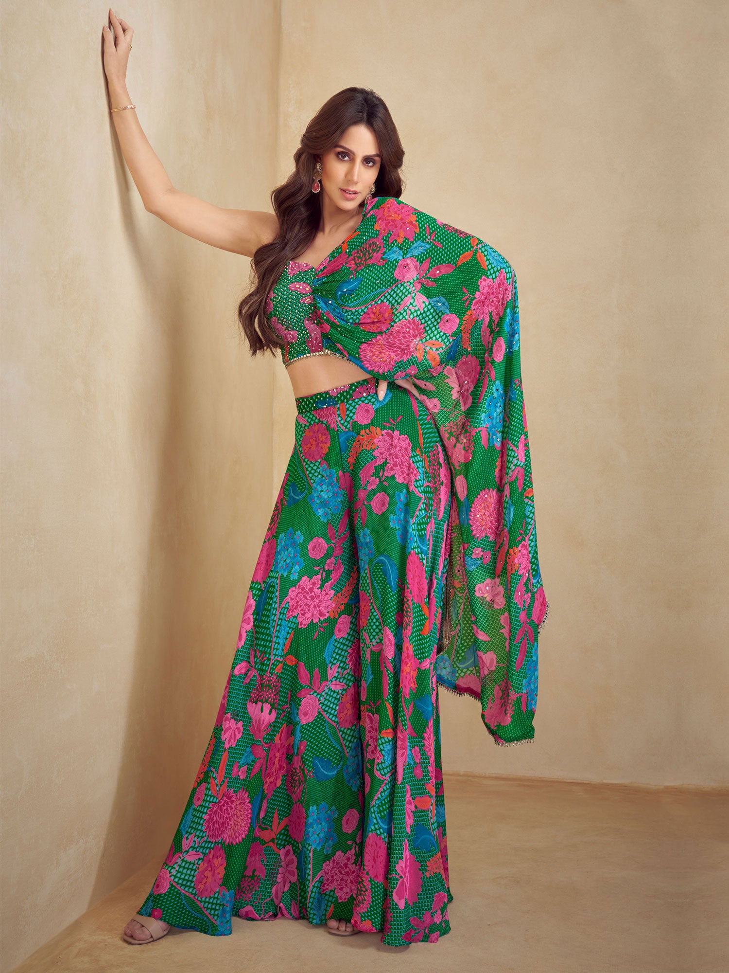 Green One Hand Sleeved Stylish Dress With Palazzo