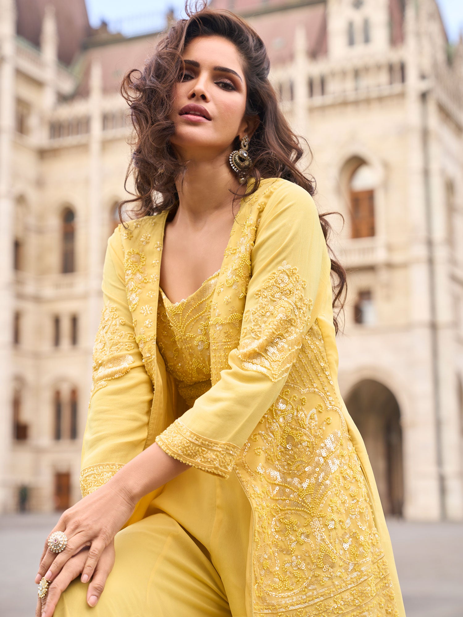 Yellow Women's Jacket Style Dress In Georgette