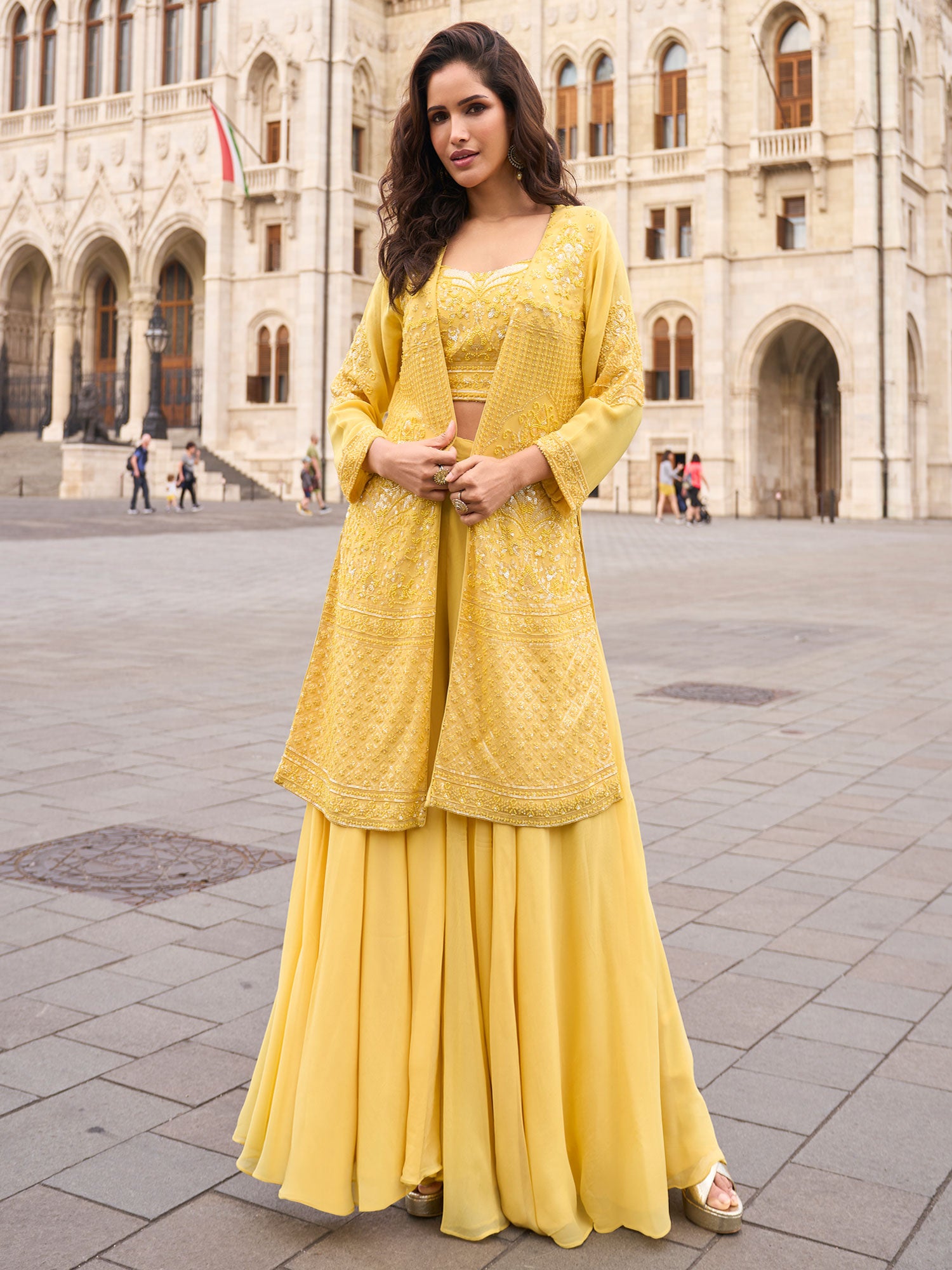 Yellow Women's Jacket Style Dress In Georgette