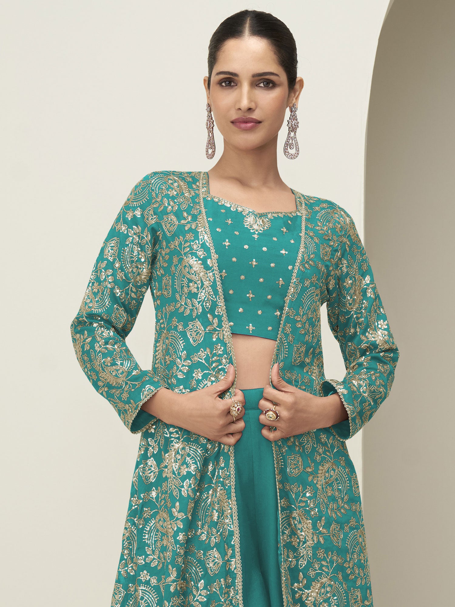 Turquoise Sequins Work Enhanced Dress With Shrug