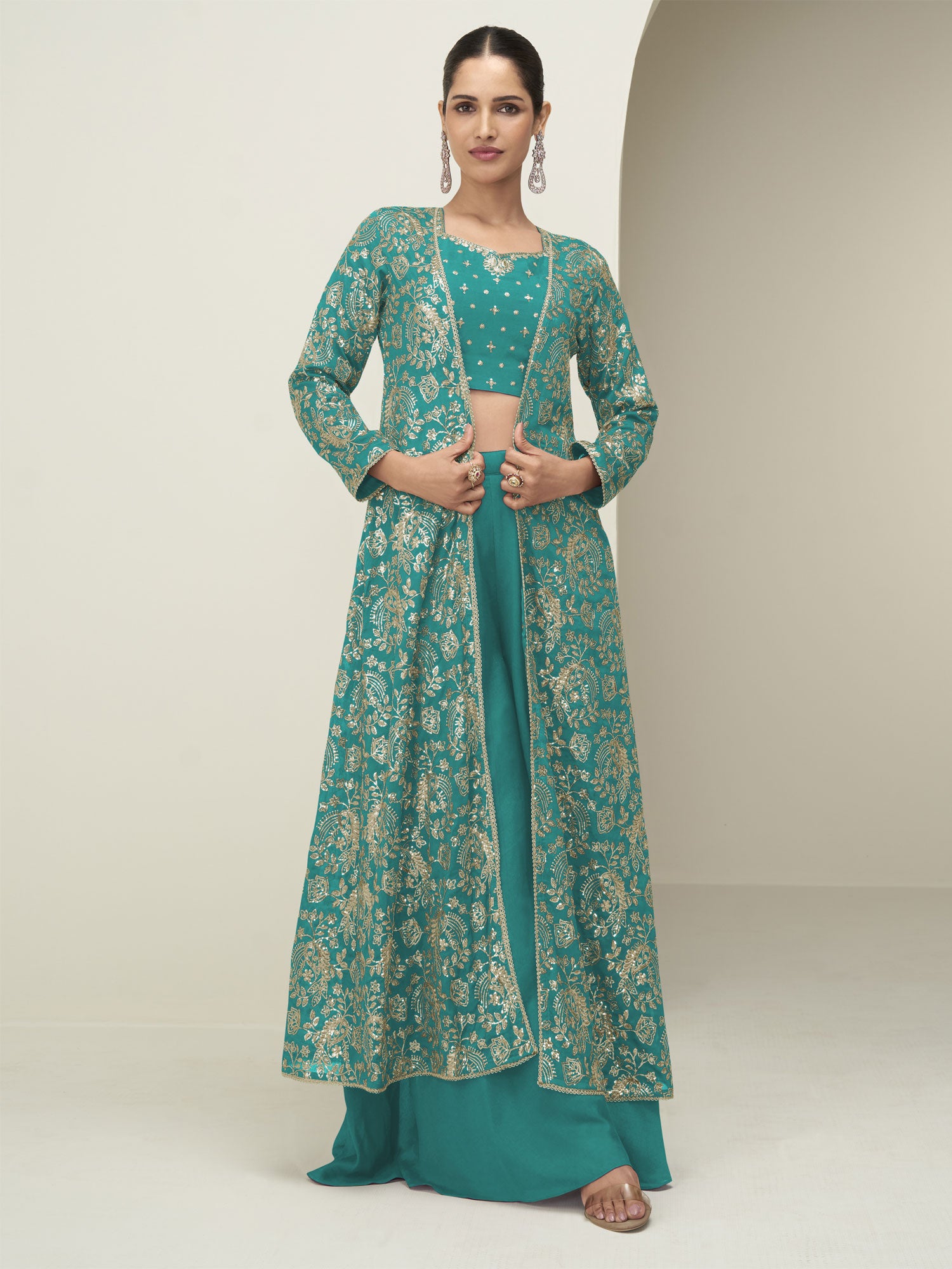 Turquoise Sequins Work Enhanced Dress With Shrug