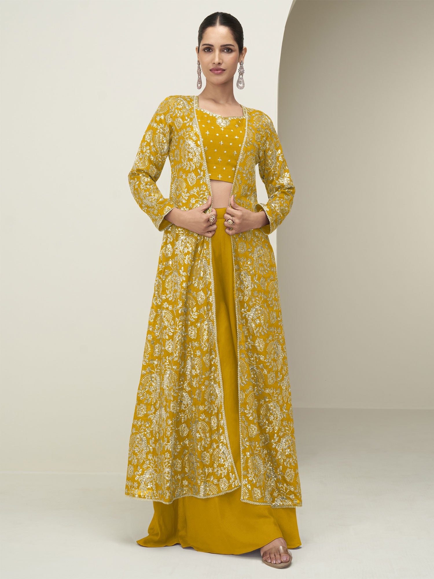 Yellow Women's Wear Dress With Palazzo & Shrug