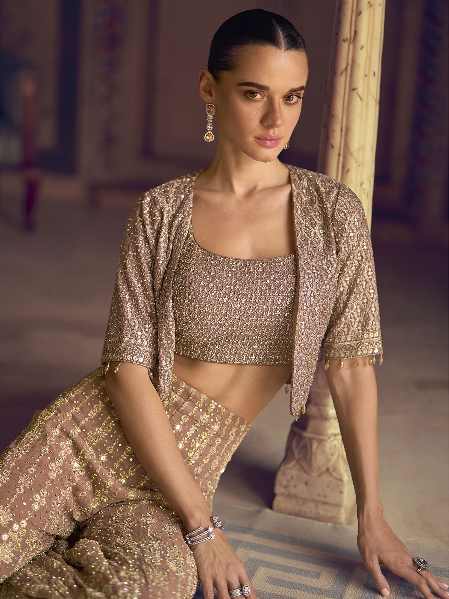 Beige Stone Embellished Top With Jacket And Palazzo