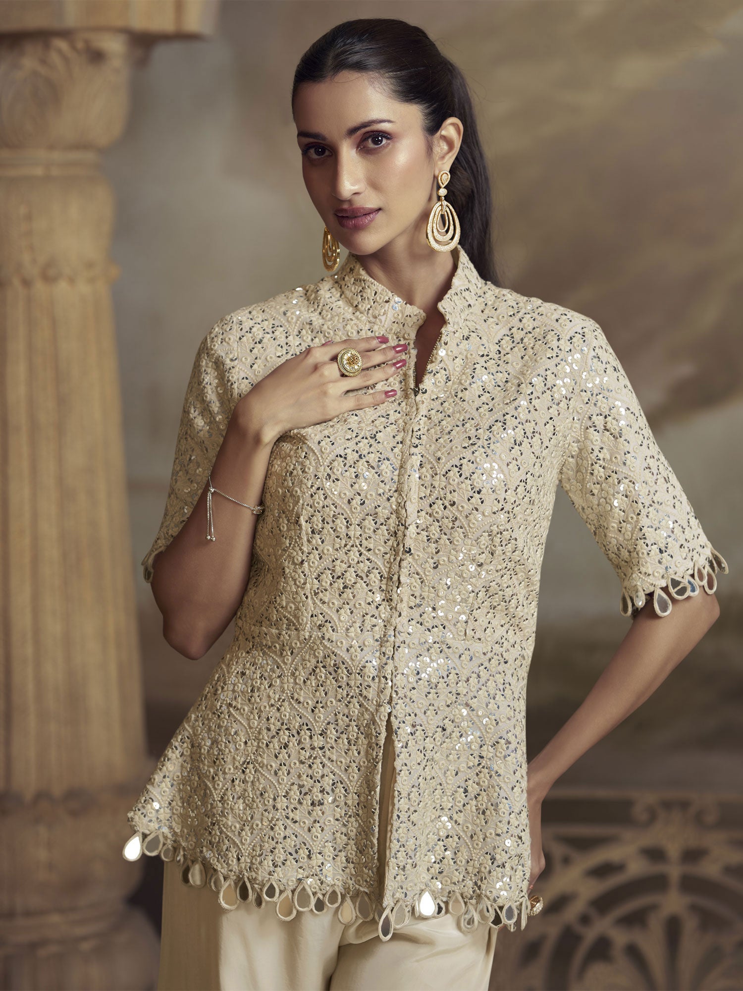 Beige Heavy Thread Embroidered Co- Ord Set