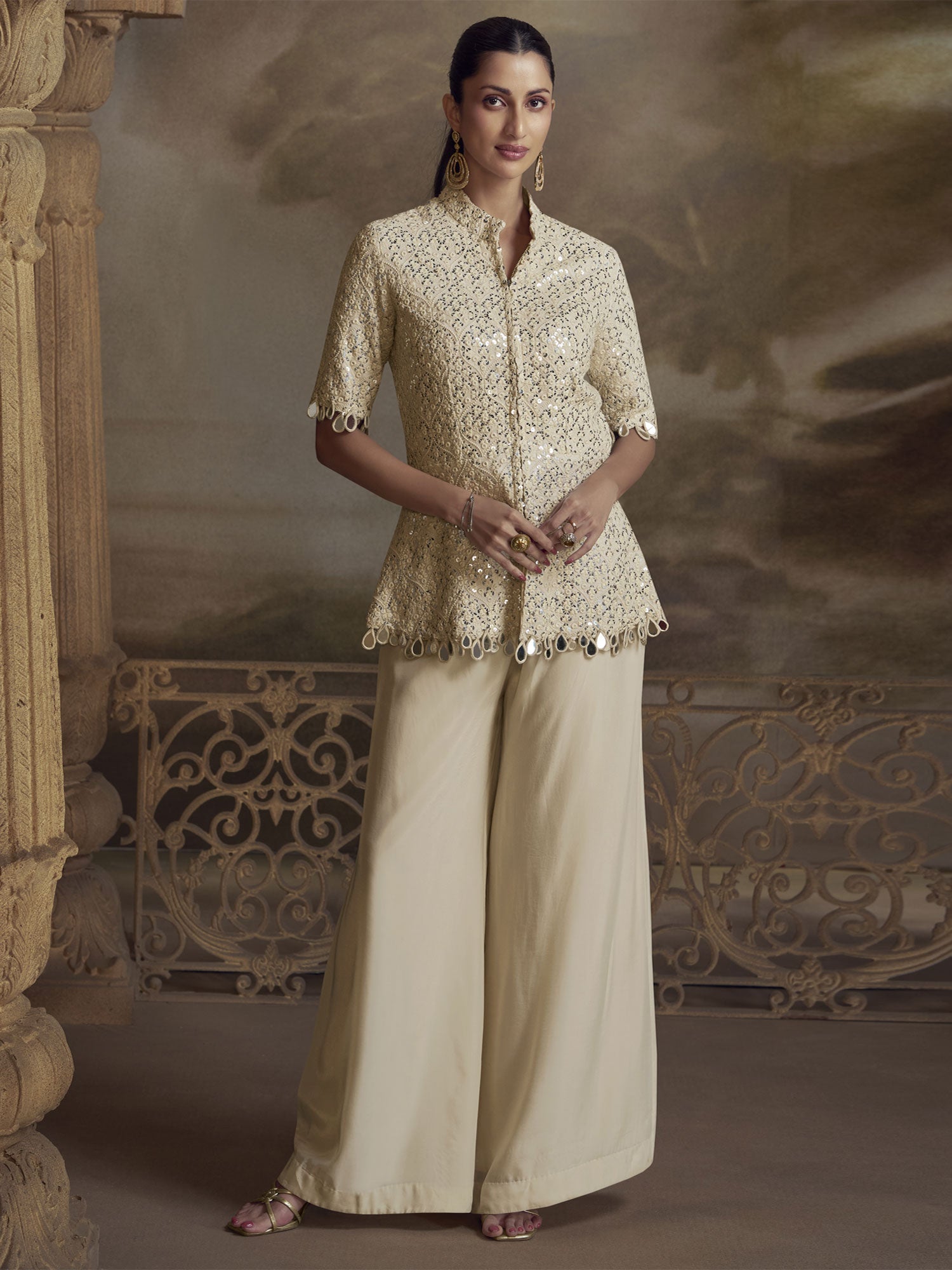 Beige Heavy Thread Embroidered Co- Ord Set