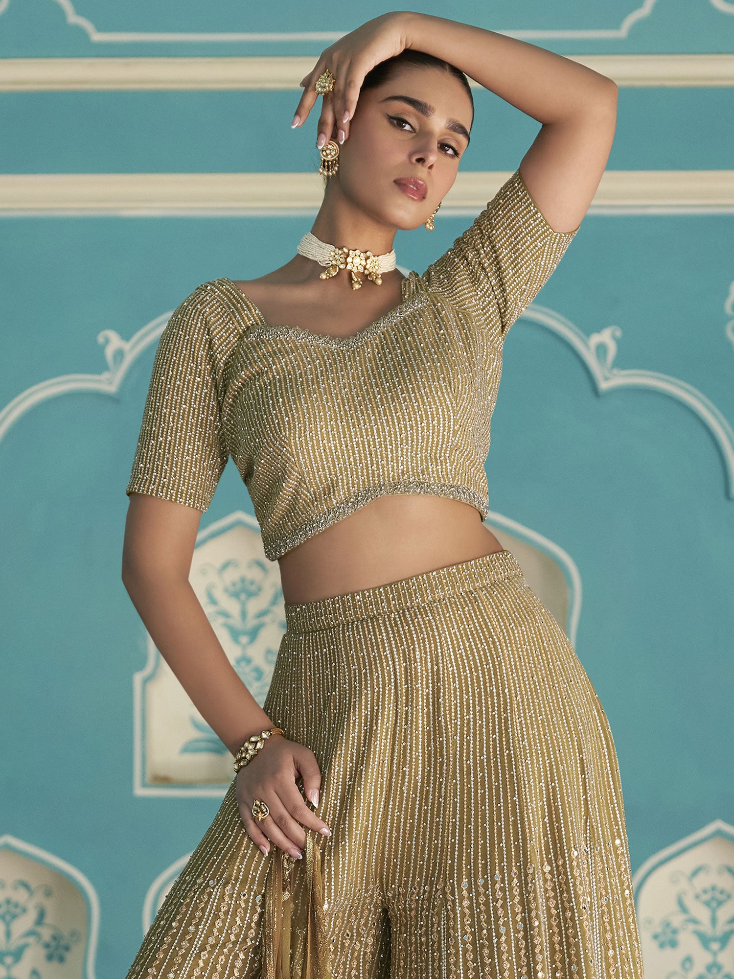 Brown And Green Women's Dress With Shaded Palazzo