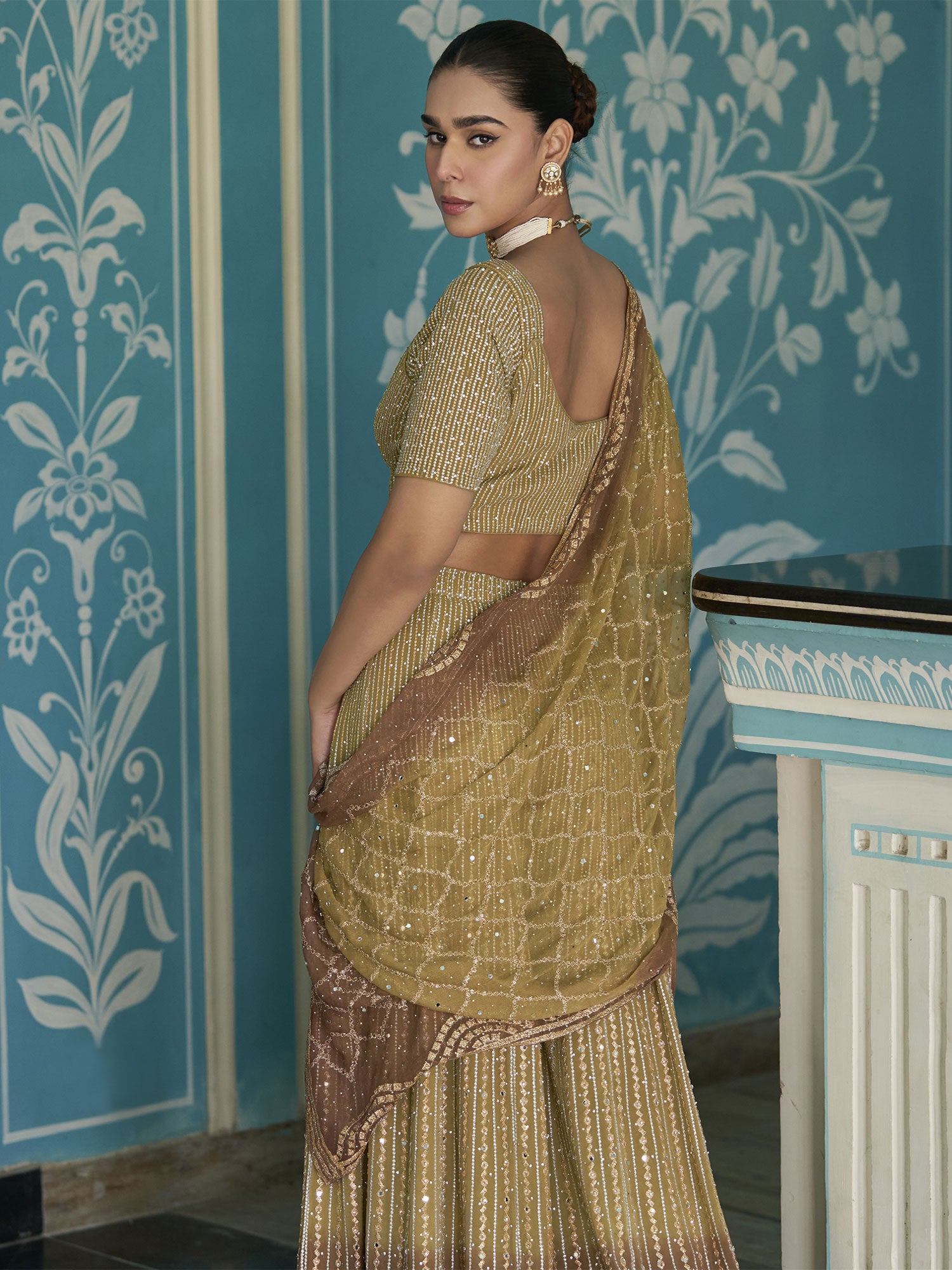 Brown And Green Women's Dress With Shaded Palazzo