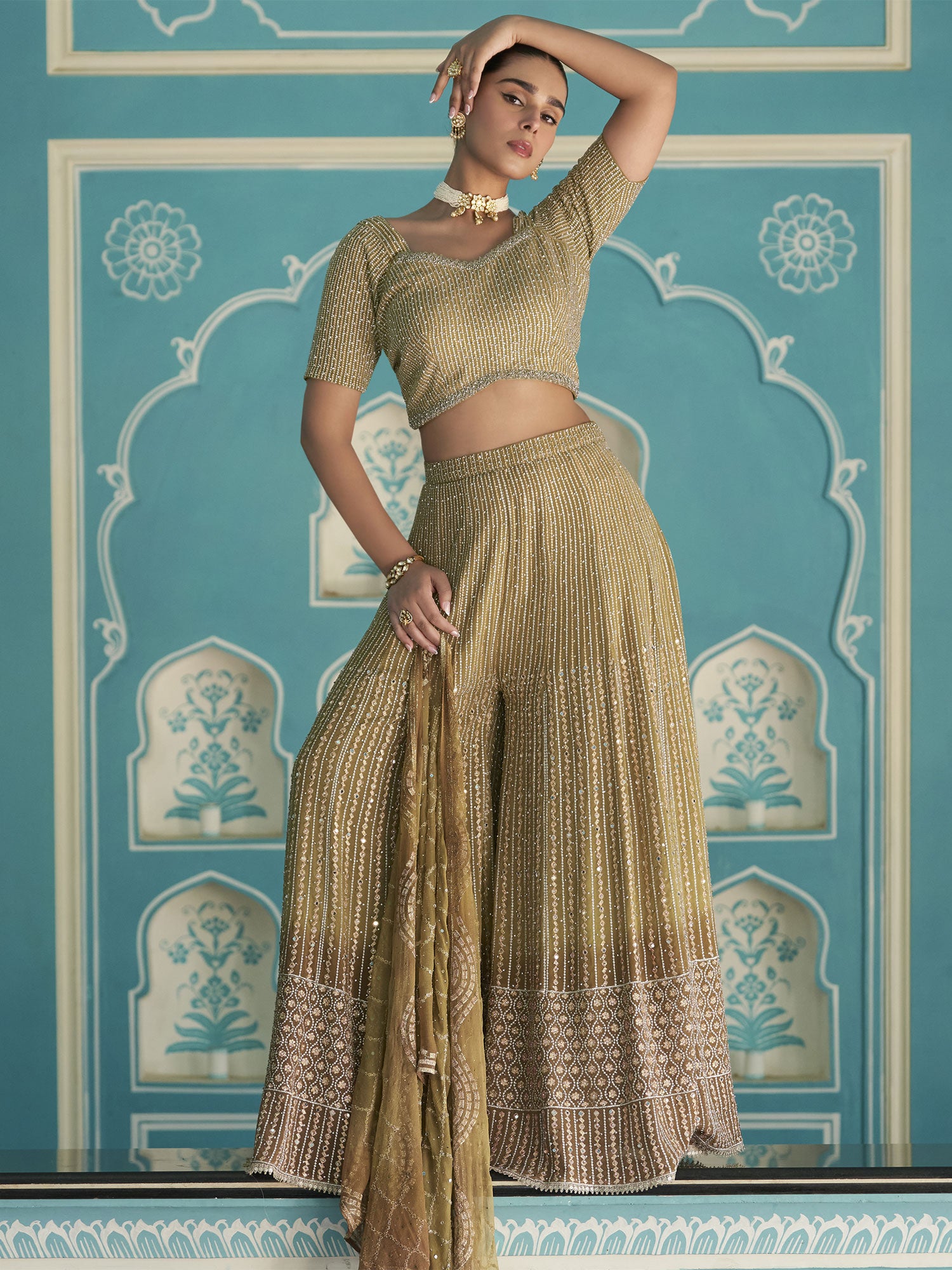 Brown And Green Women's Dress With Shaded Palazzo