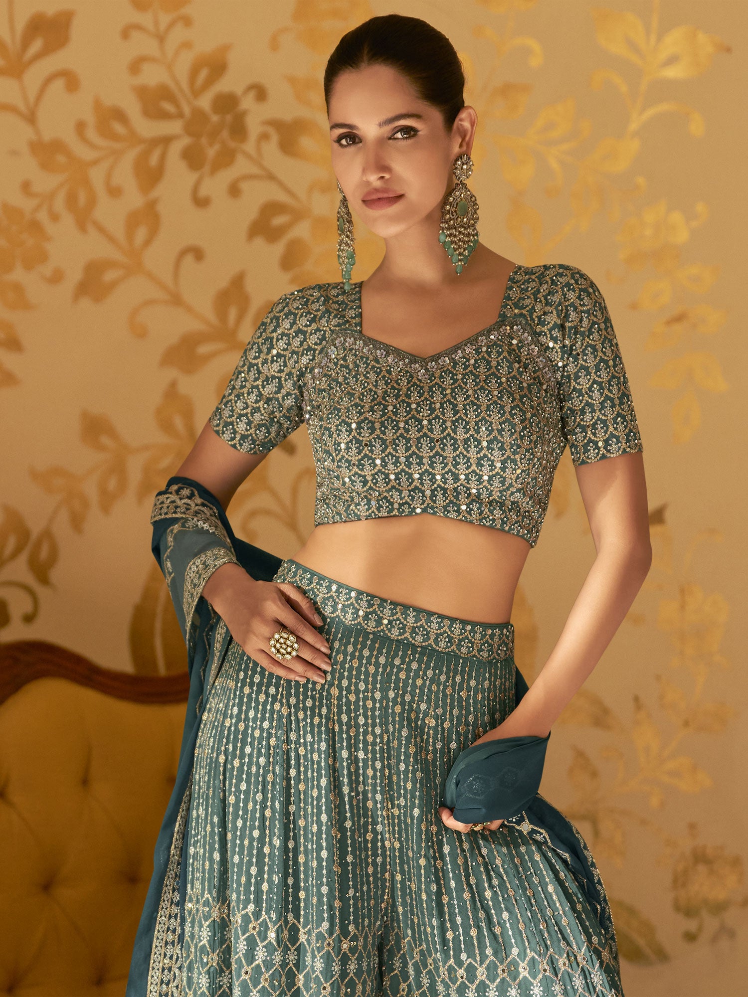 Blue Embroidered Top And Palazzo With Dupatta