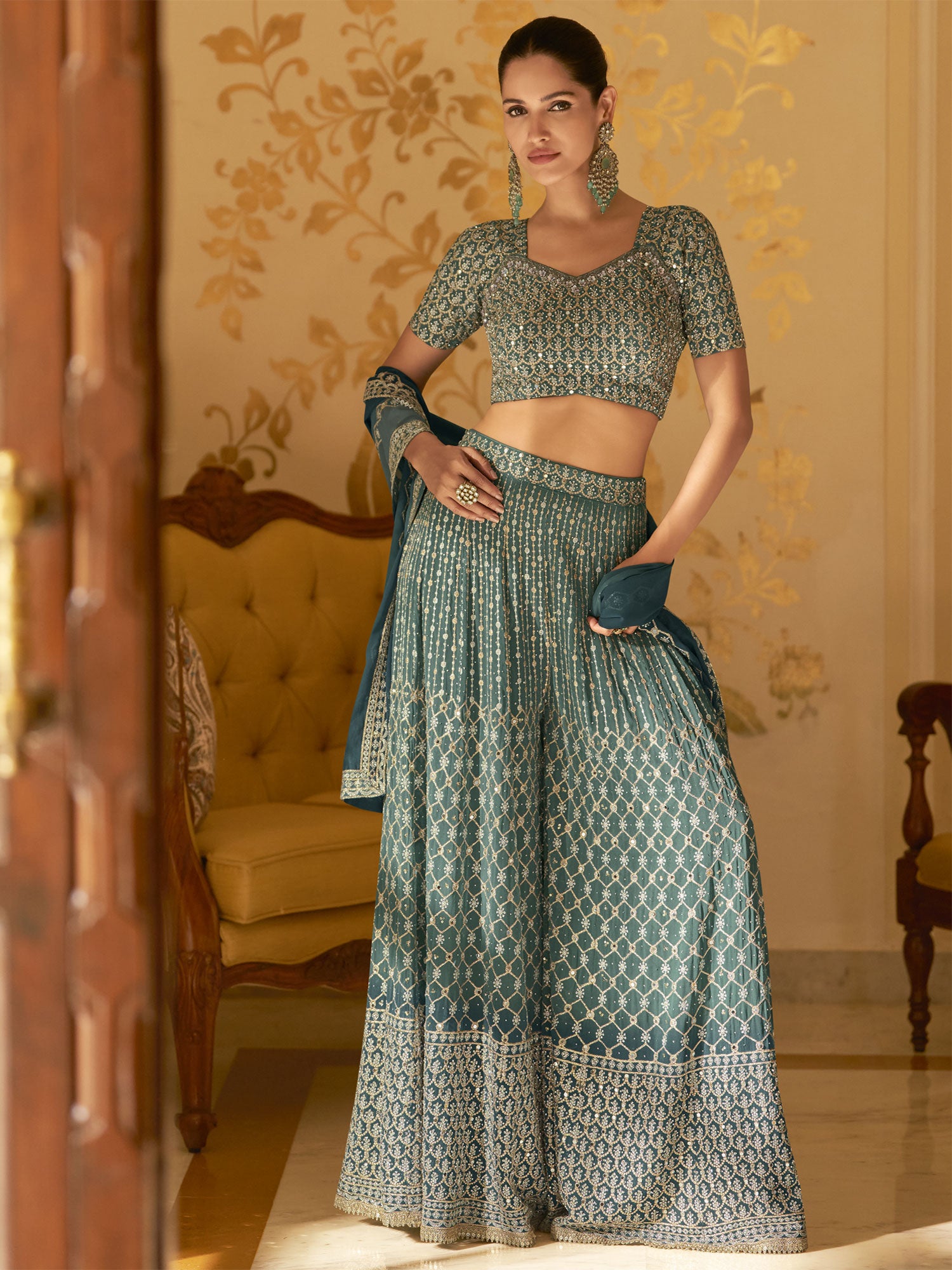 Blue Embroidered Top And Palazzo With Dupatta