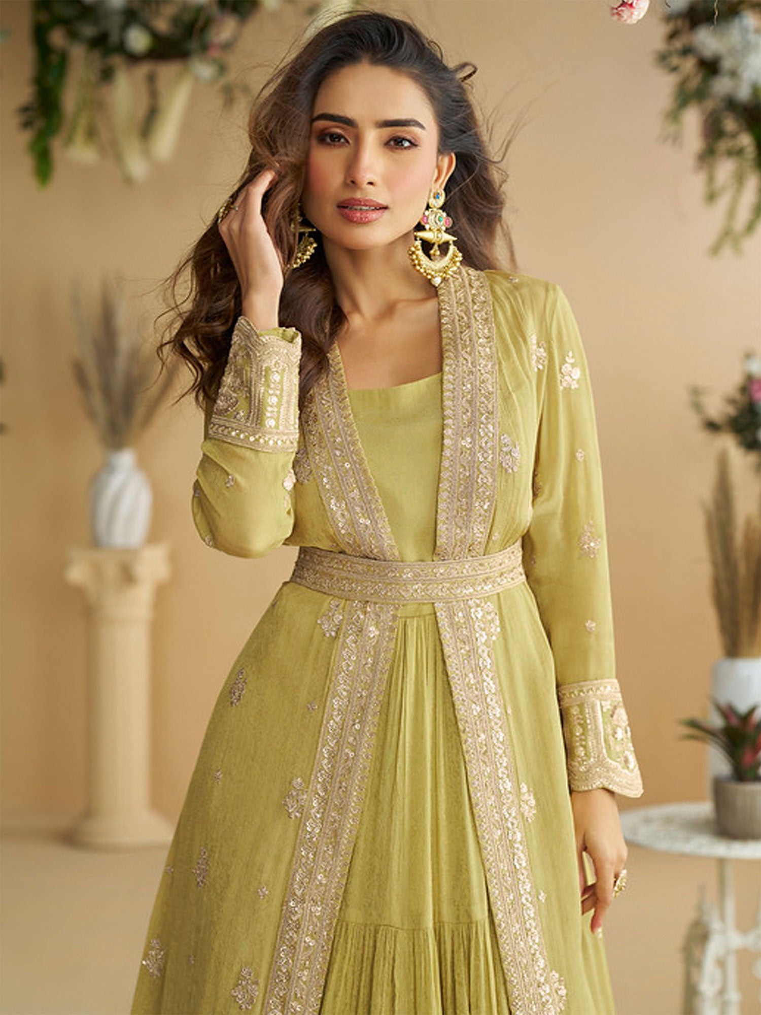 Green Sequins Work Augmented Gown With Shrug