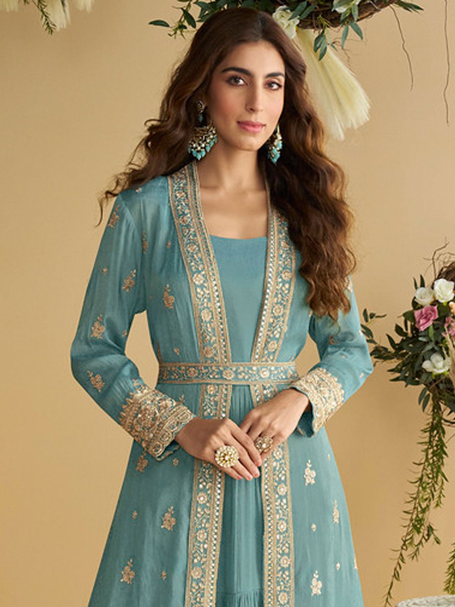 Blue Women's Wear Gown With Embroidered Shrug