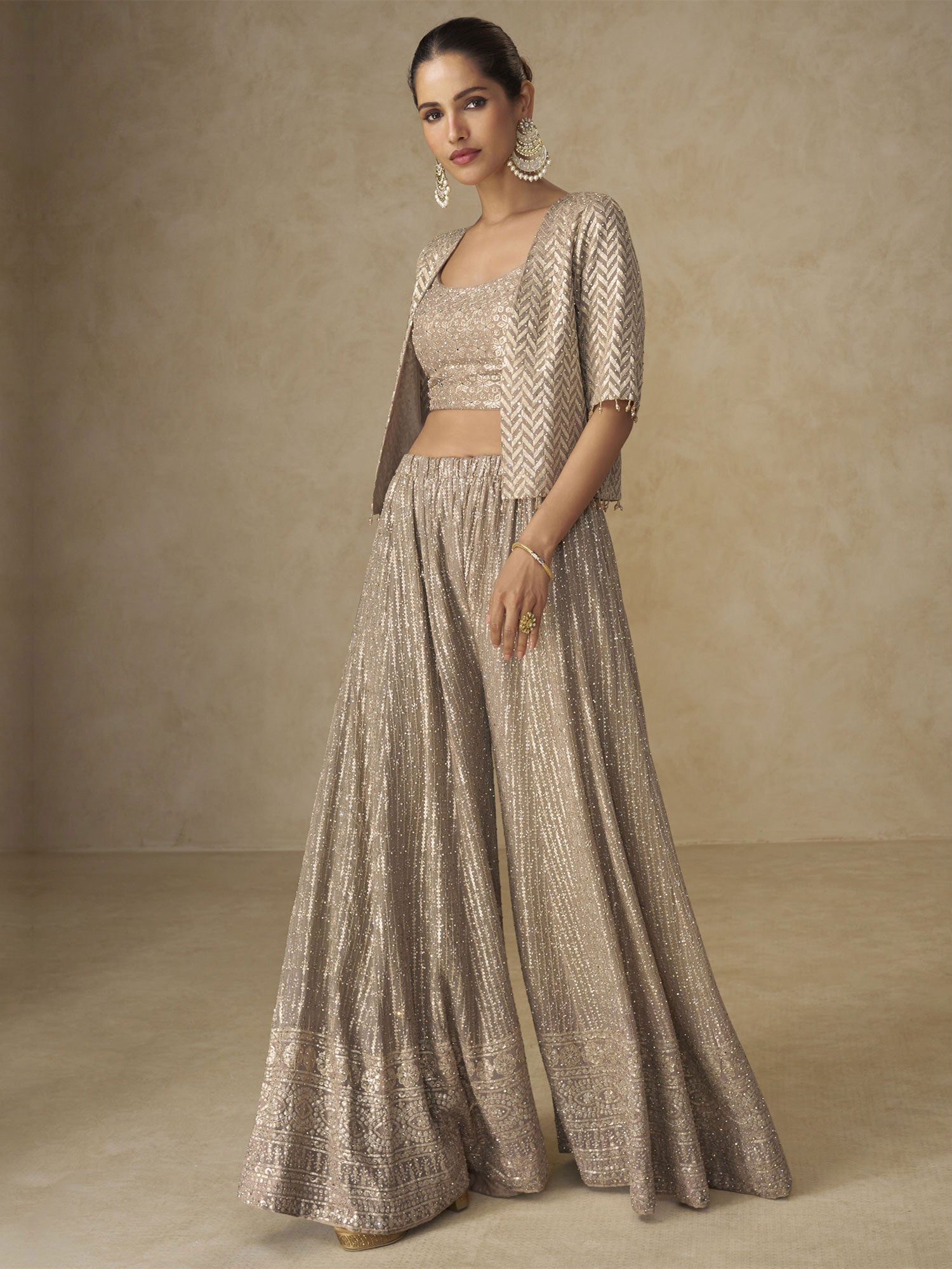 Brown Mirror Augmented Women's Dress In Georgette