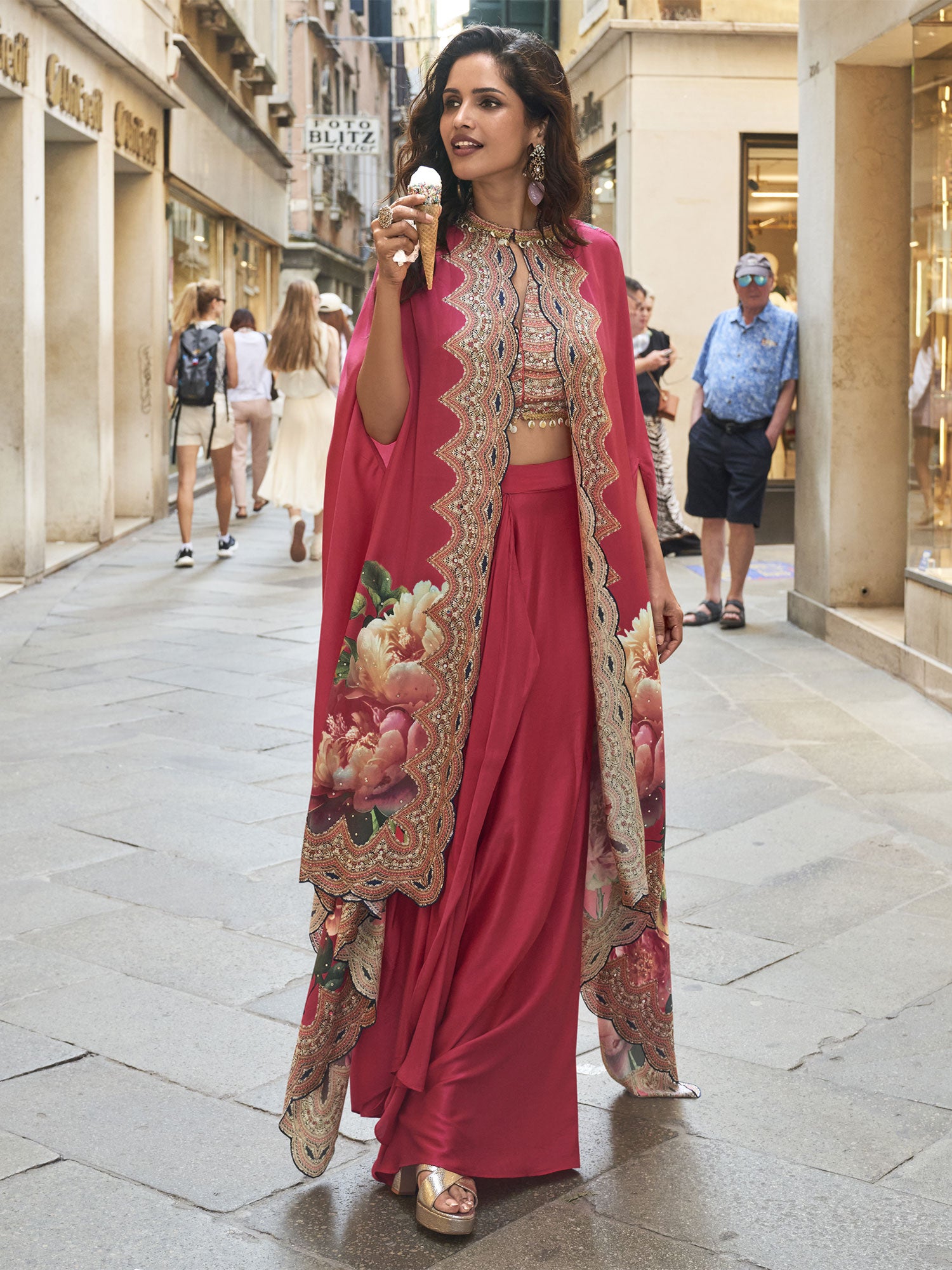 Cherry Red Embroidered Silk Dress For Womens