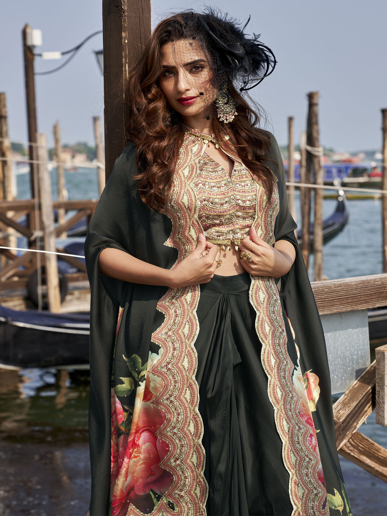 Black Women's Dress With Floral Printed Shrug