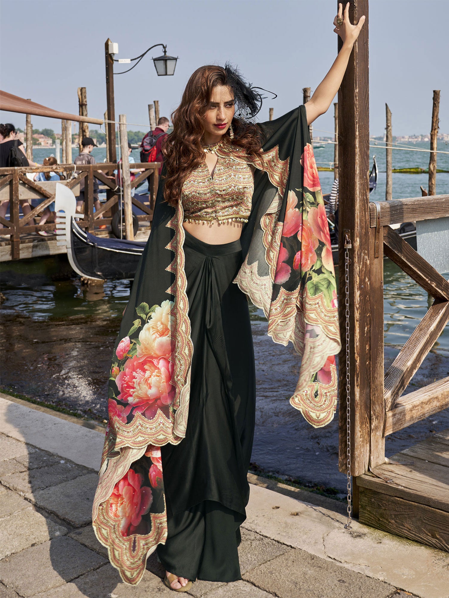 Black Women's Dress With Floral Printed Shrug
