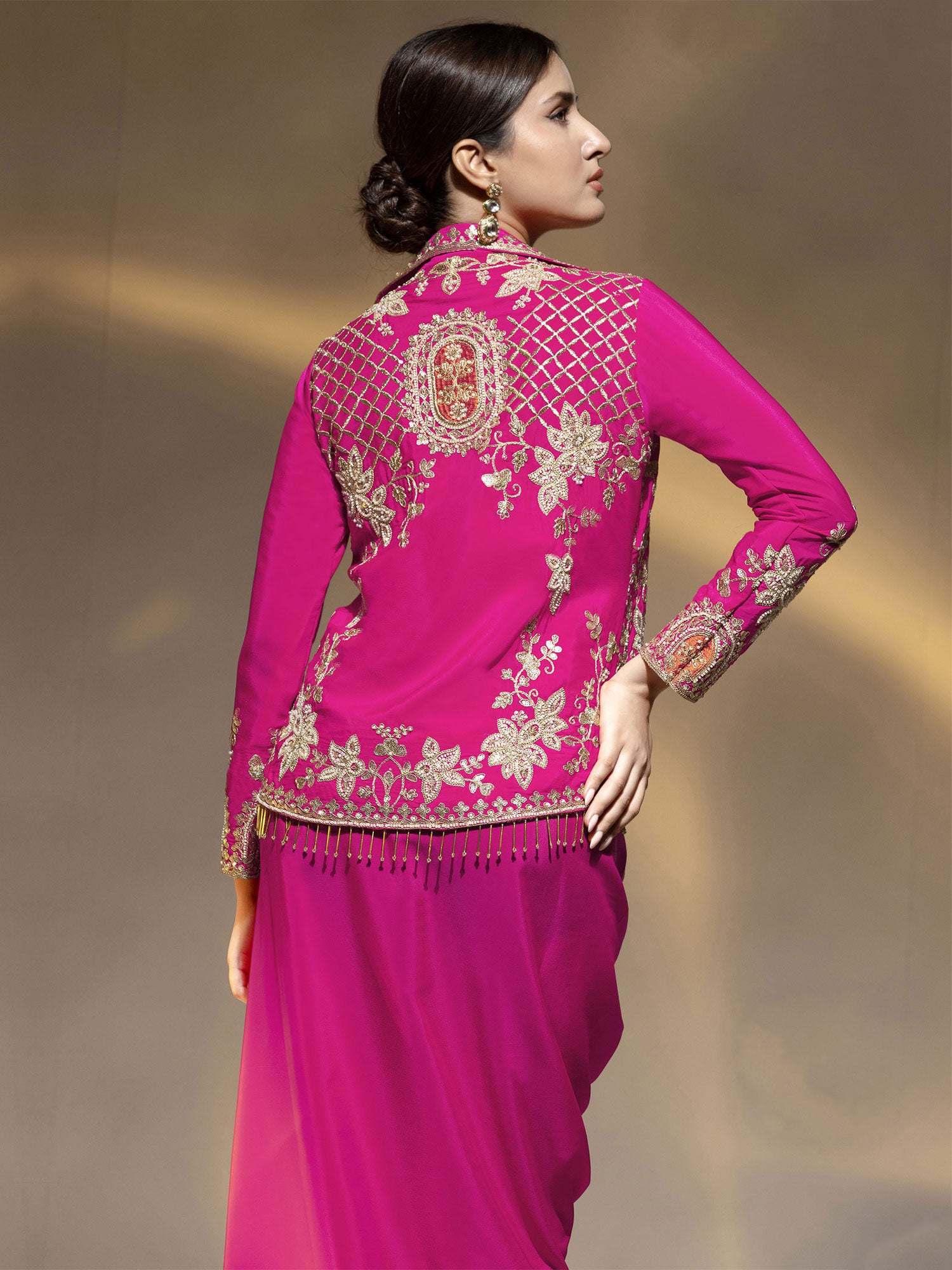 Pink Top & Jacket With Skirt In Dhoti Style