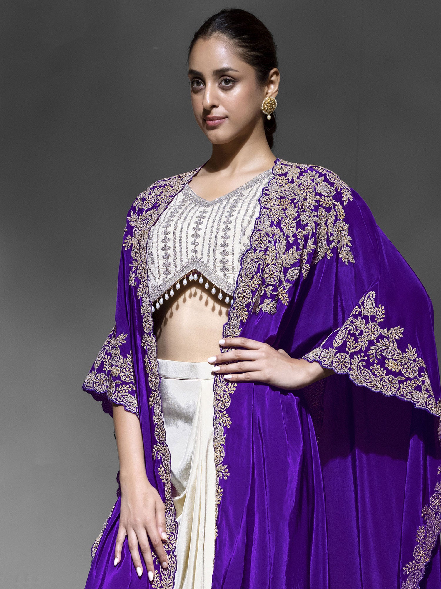 Beige Zari Work Women's Dress With Shrug