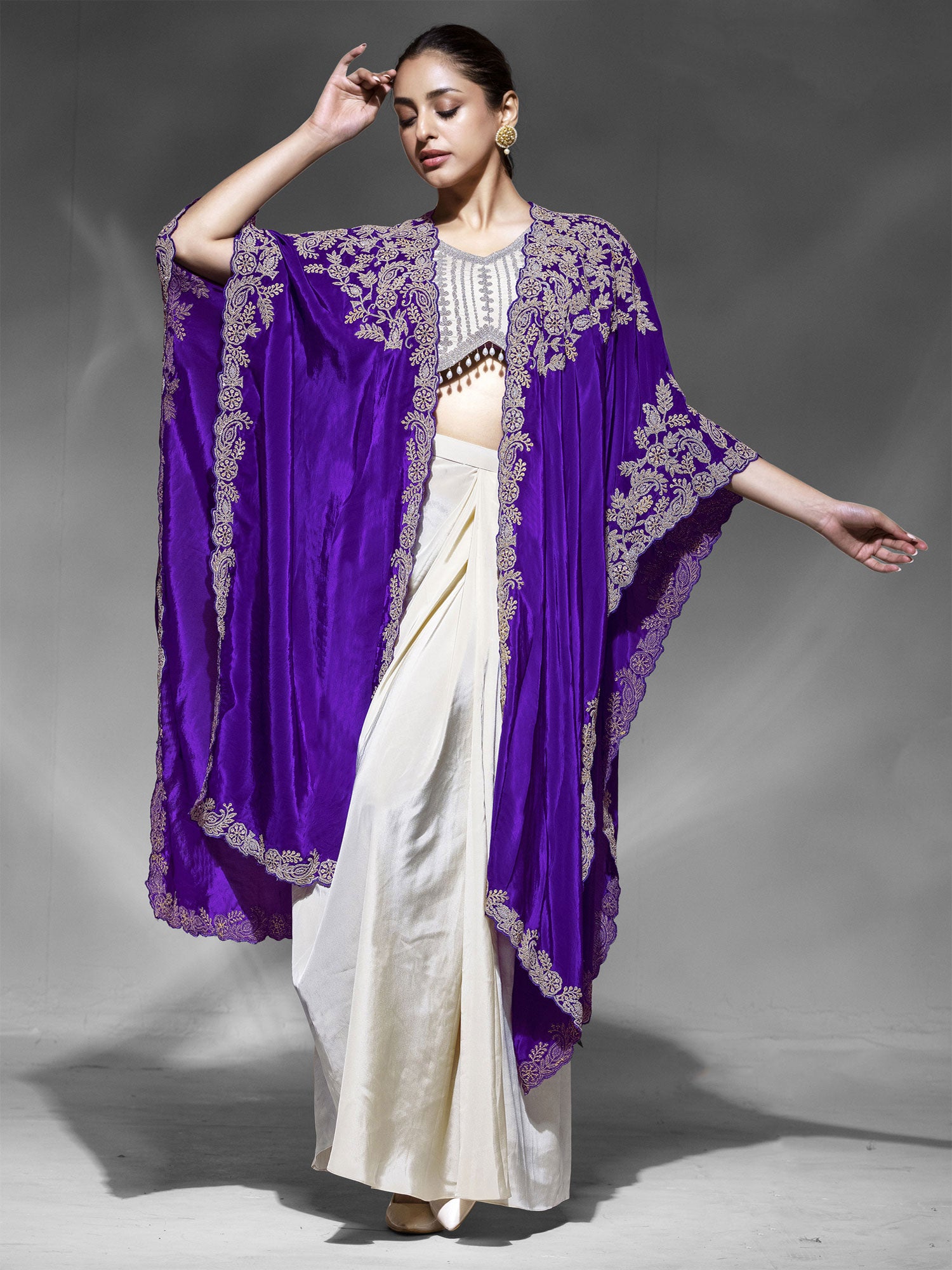 Beige Zari Work Women's Dress With Shrug
