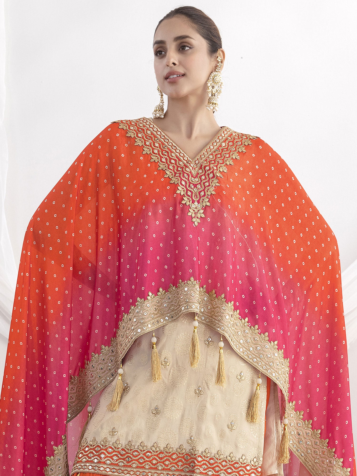 Beige Festive Dress With Bandhej Printed Kaftan