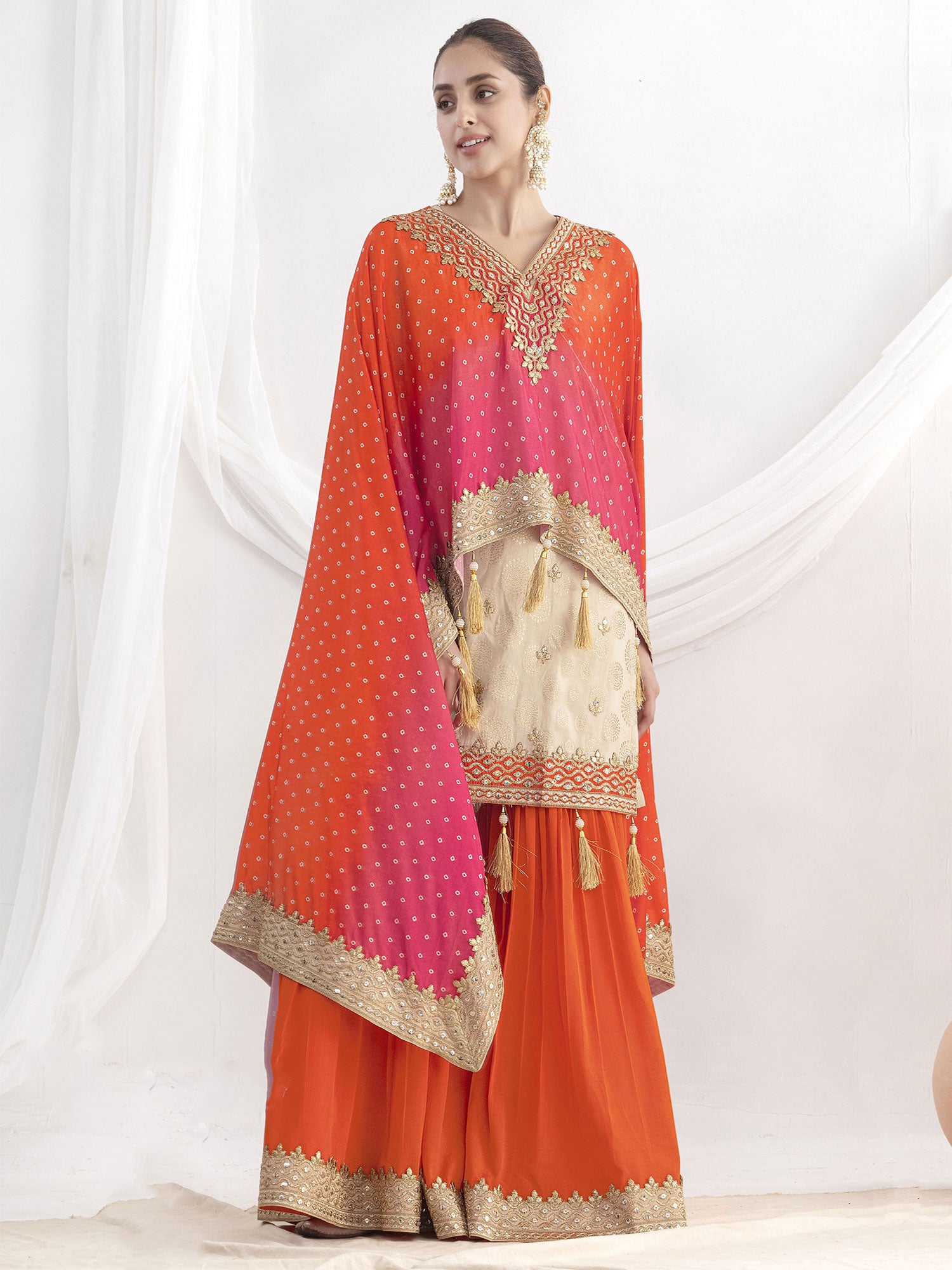 Beige Festive Dress With Bandhej Printed Kaftan