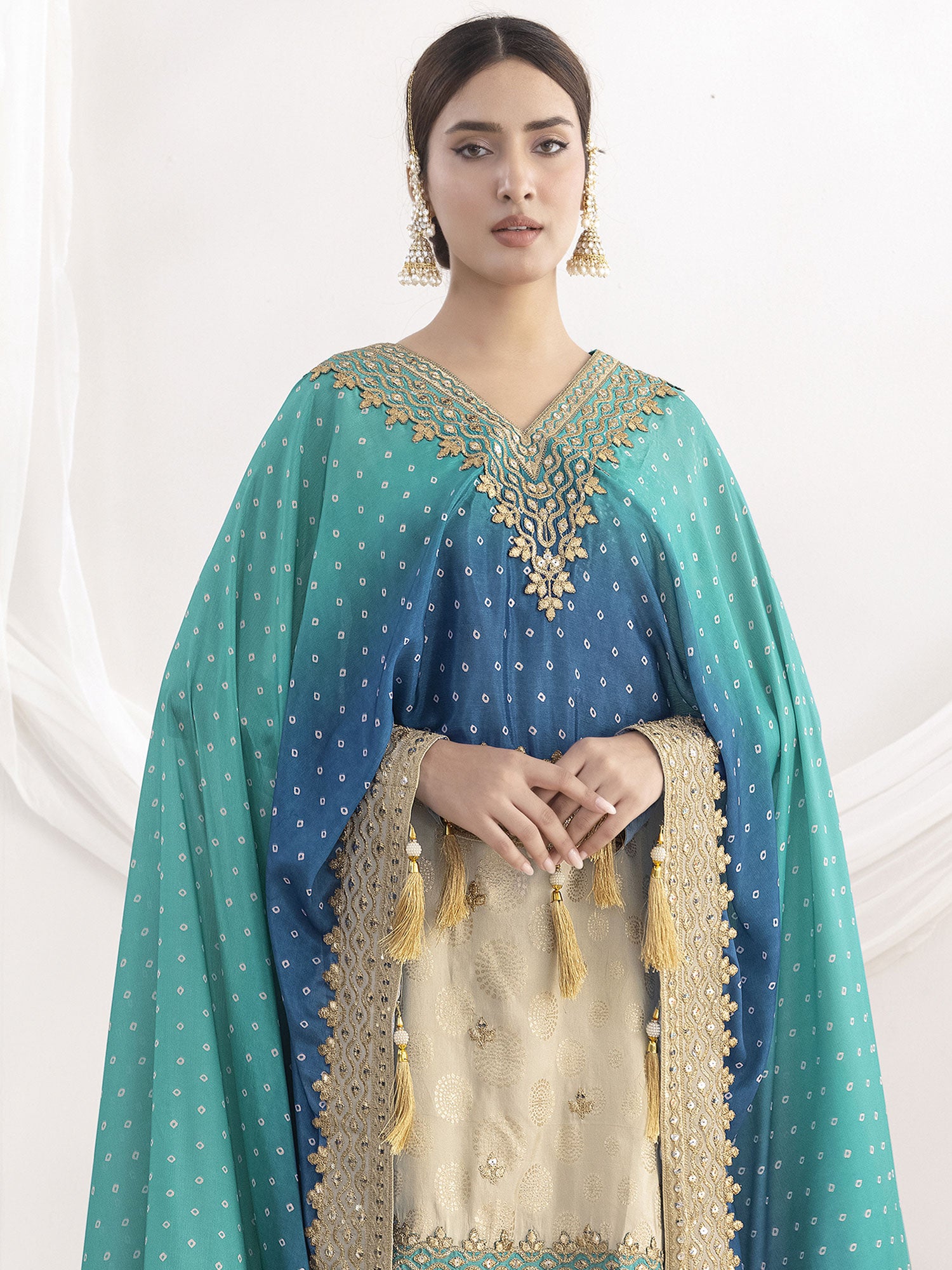Beige Printed Kameez & Palazzo With Kaftan