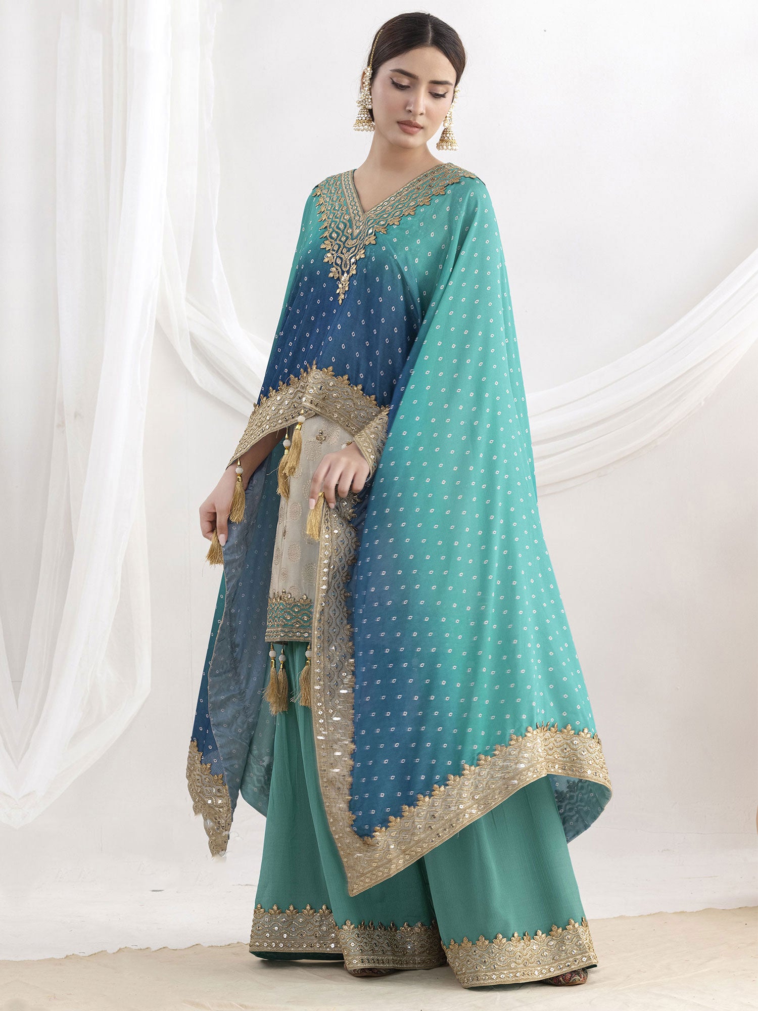 Beige Printed Kameez & Palazzo With Kaftan