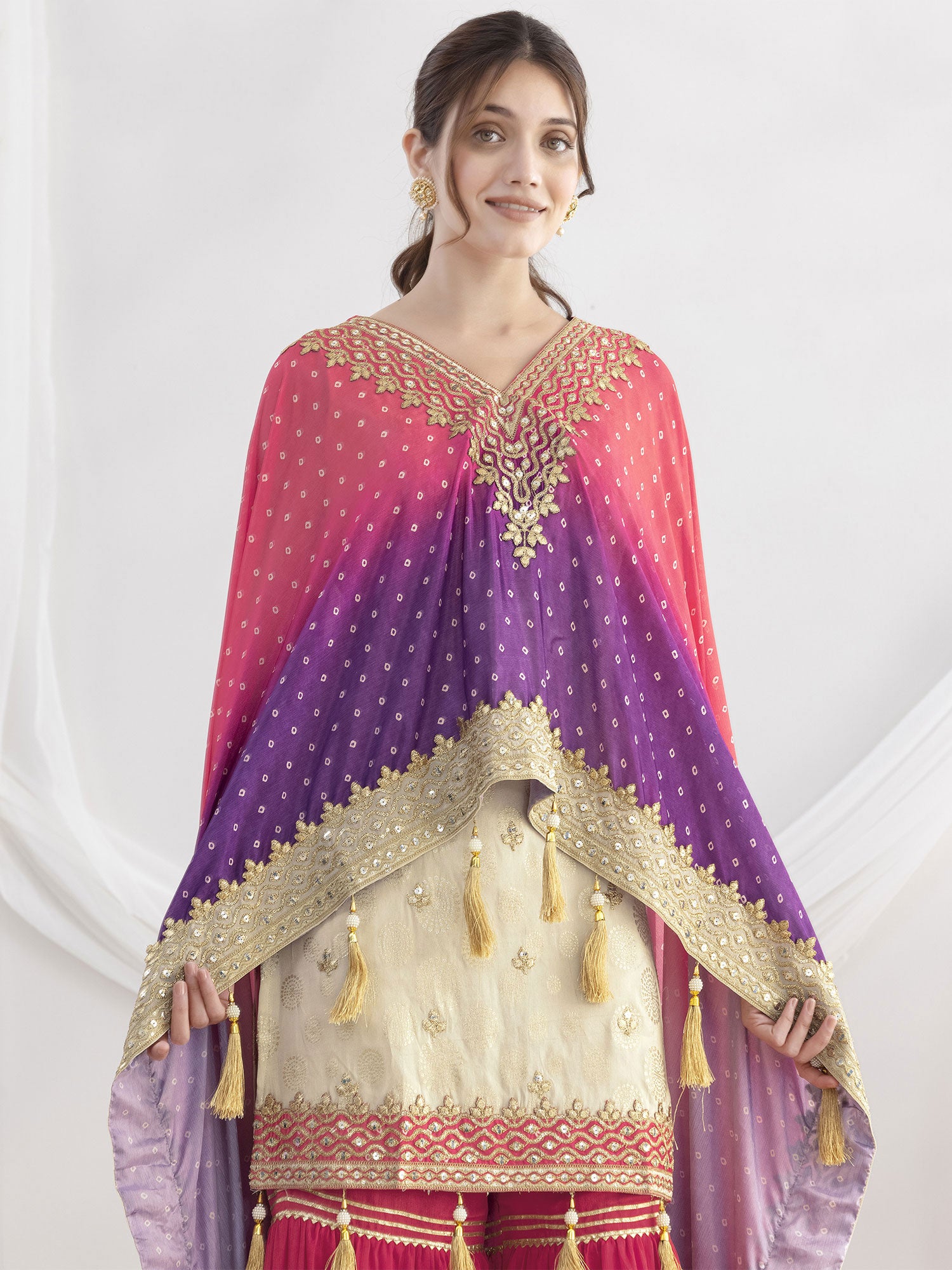 Beige Women's Dress With Kaftan In Print