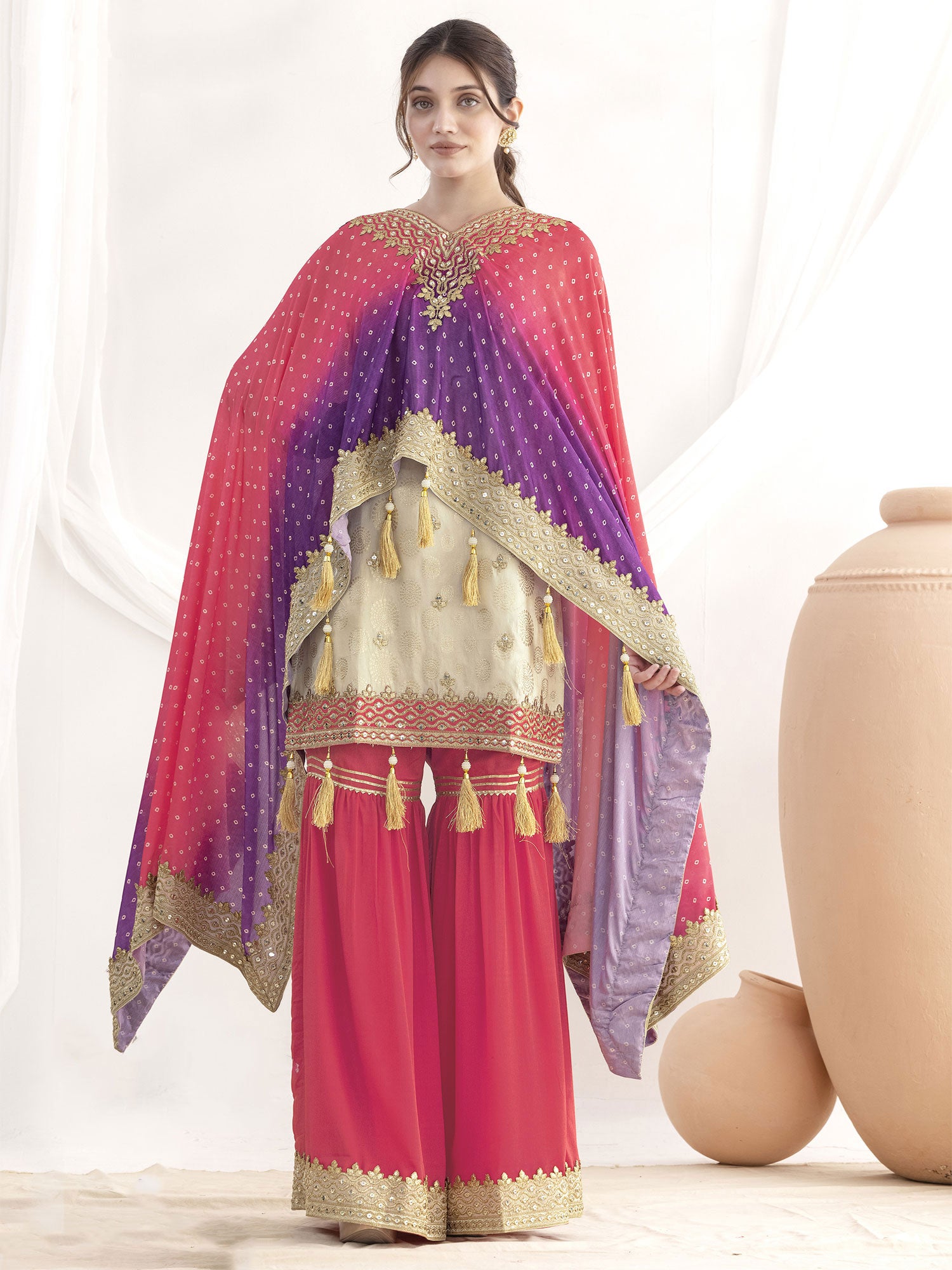 Beige Women's Dress With Kaftan In Print