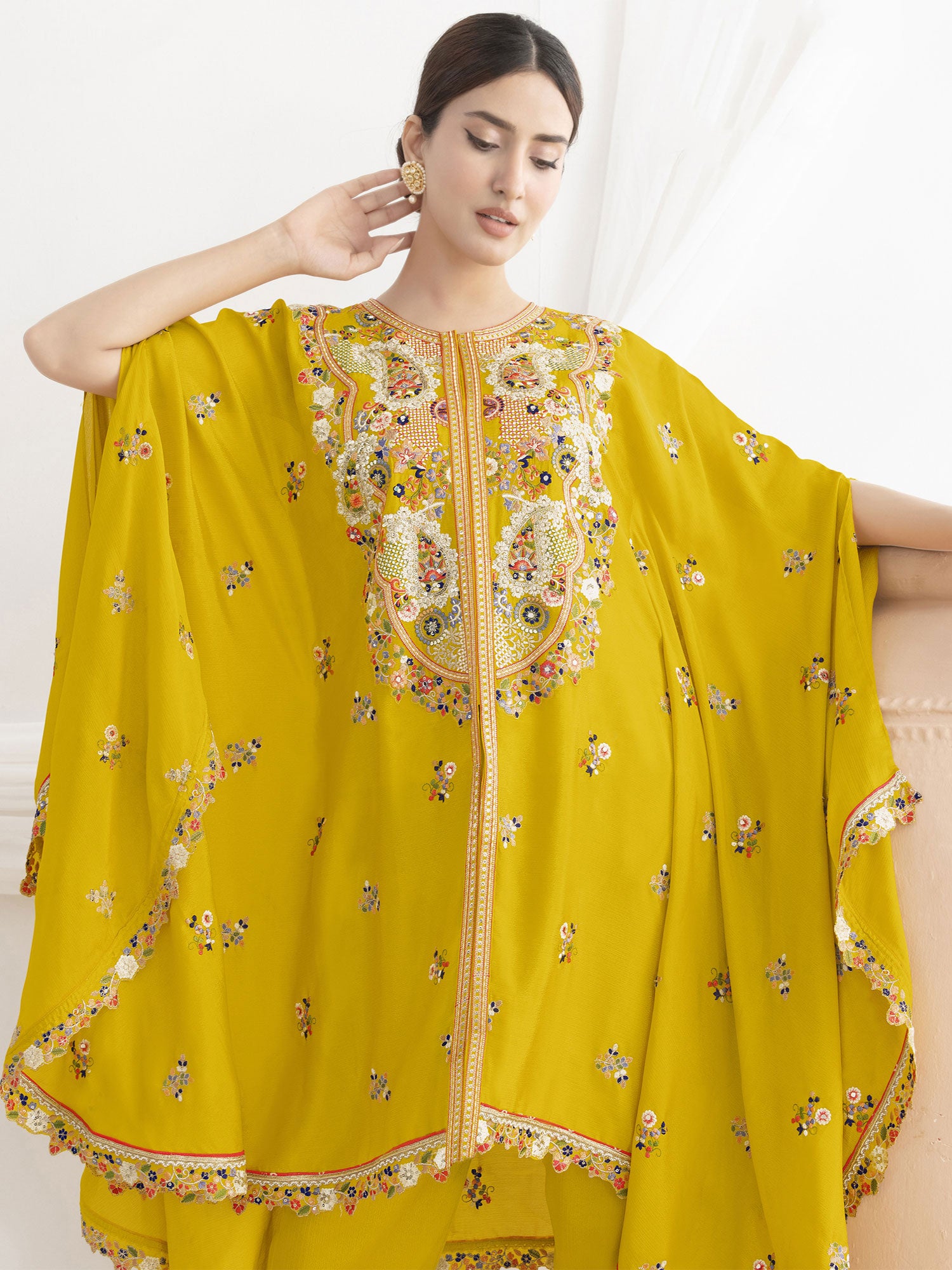 Lemon Yellow Floral Thread Work kaftan & Palazzo