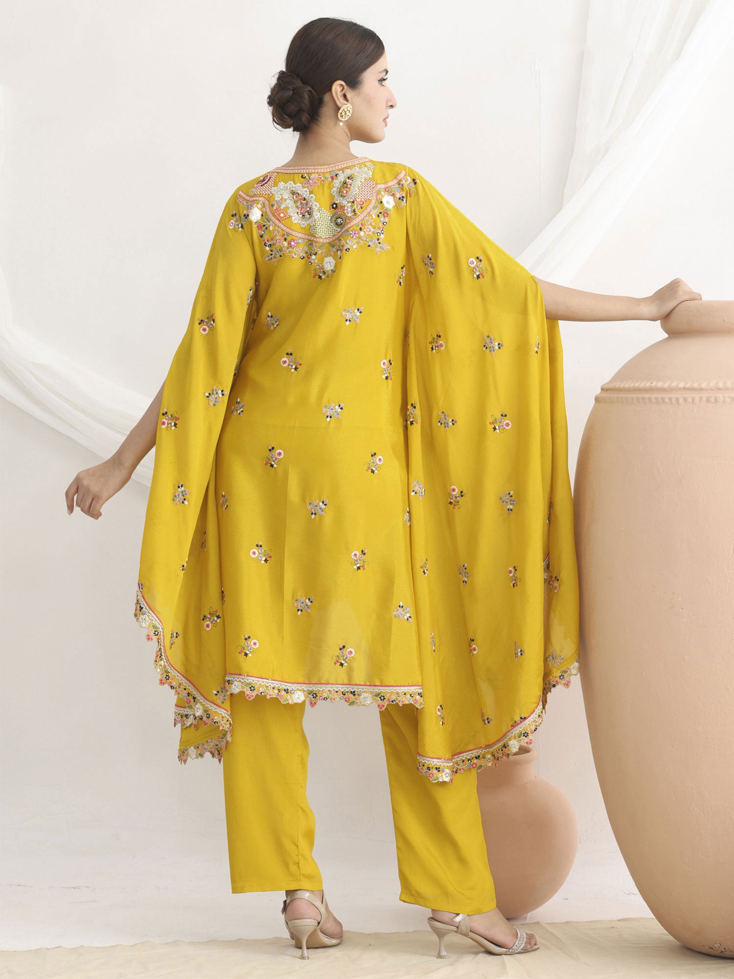 Lemon Yellow Floral Thread Work kaftan & Palazzo