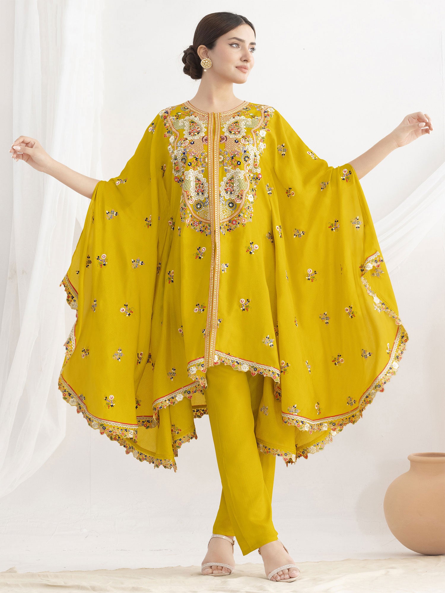 Lemon Yellow Floral Thread Work kaftan & Palazzo
