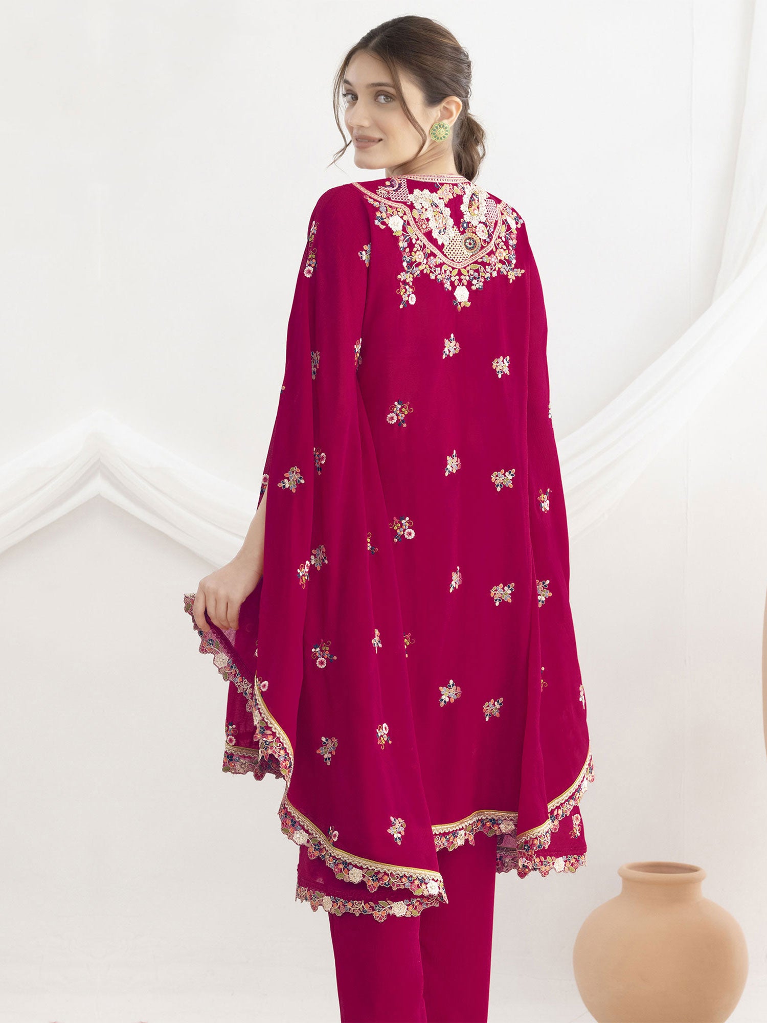 Berry Red Festive Wear Dress In Thread Work