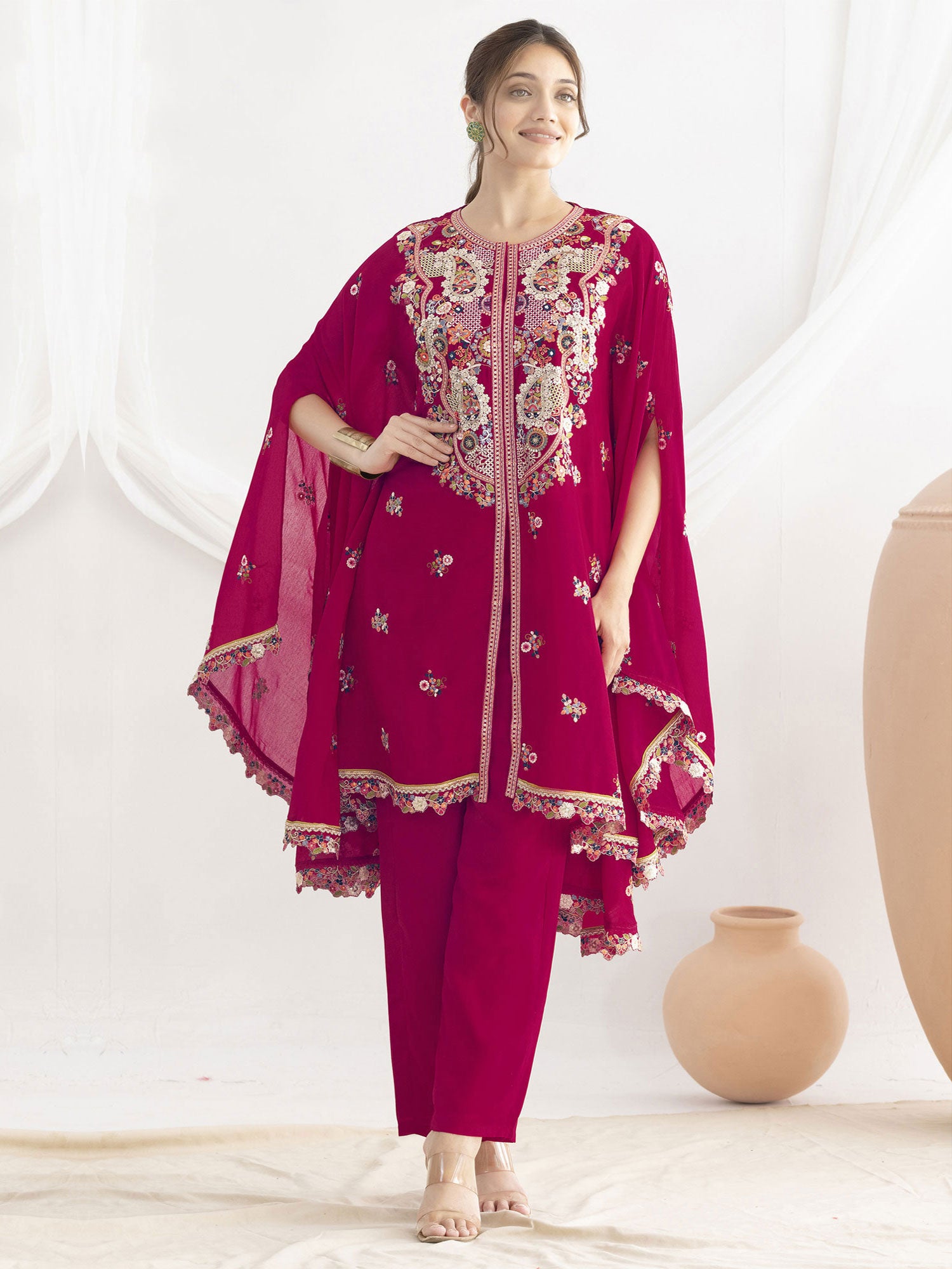 Berry Red Festive Wear Dress In Thread Work