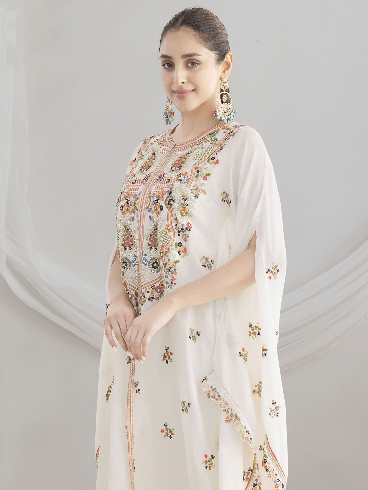 White Embroidered Kaftan With Palazzo In Silk