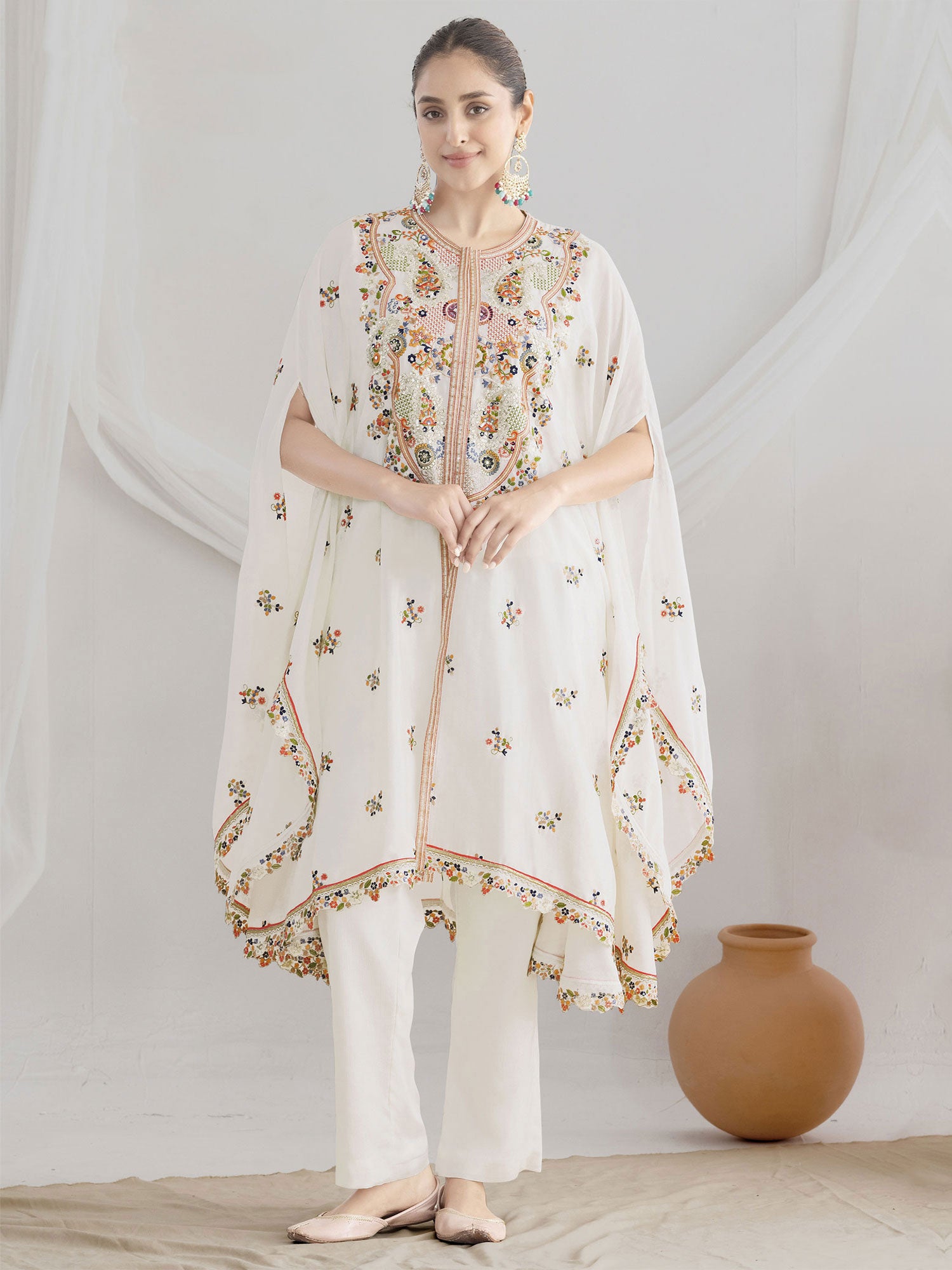 White Embroidered Kaftan With Palazzo In Silk