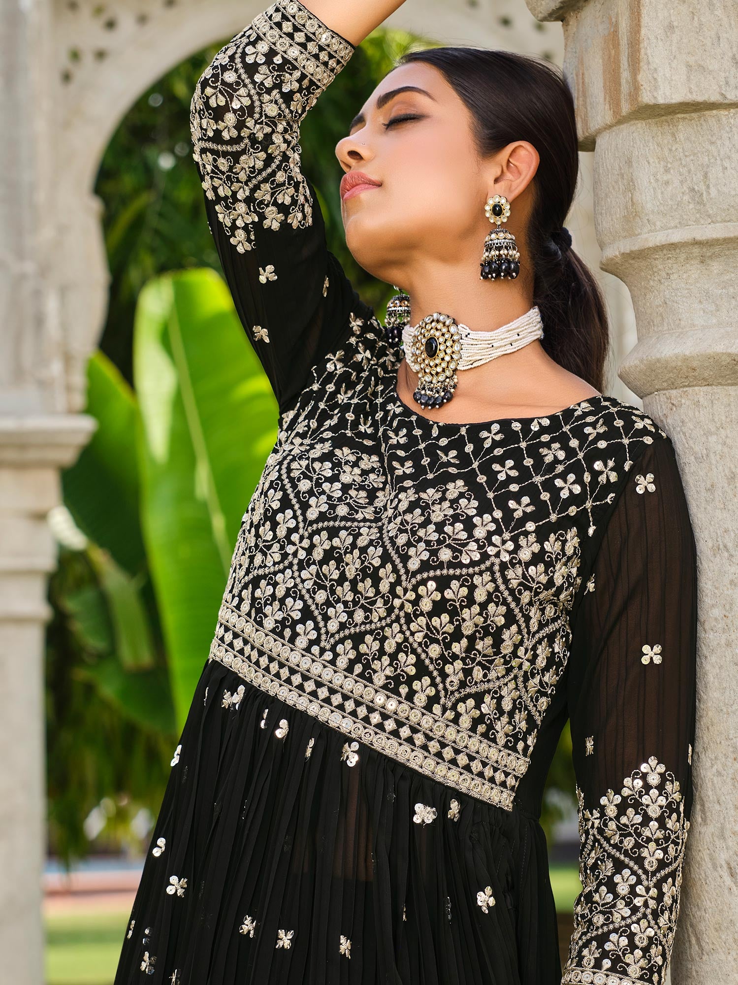 Black Thread Embroidered Palazzo Suit In Georgette